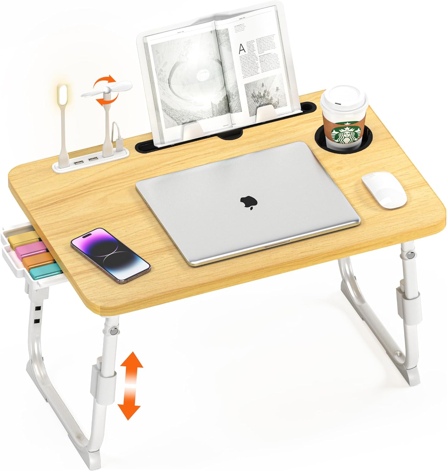 Laptop Bed Desk Height Adjustable, Bed Laptop Table with USB/Storage Drawer/Cup Holder/Tablet Stand/Book Shelf, Foldable Breakfast Tray Portable for Reading Writing, Bed, Sofa & Floor, Wood