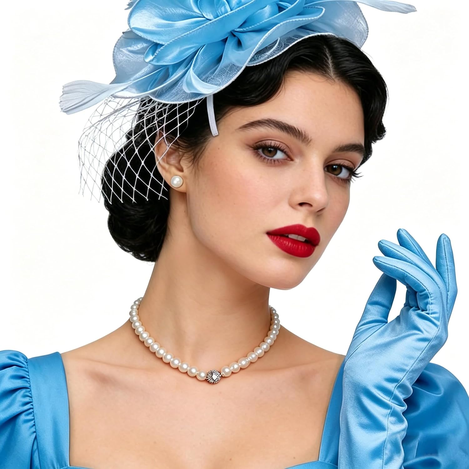 FEYIR Tea Party Costume Outfit for Women Fascinator Hats Glove Fan Pearl Set Halloween Cosplay Tea Party Accessories image 2