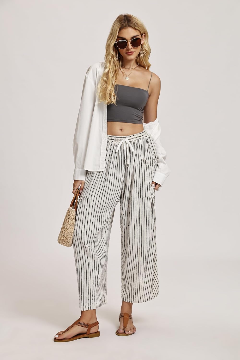 LOMON Womens Wide Leg Linen Pants Casual Drawstring Palazzo Harem Pants Summer Loose Beach Travel Vacation Pants with Pockets - Image 2