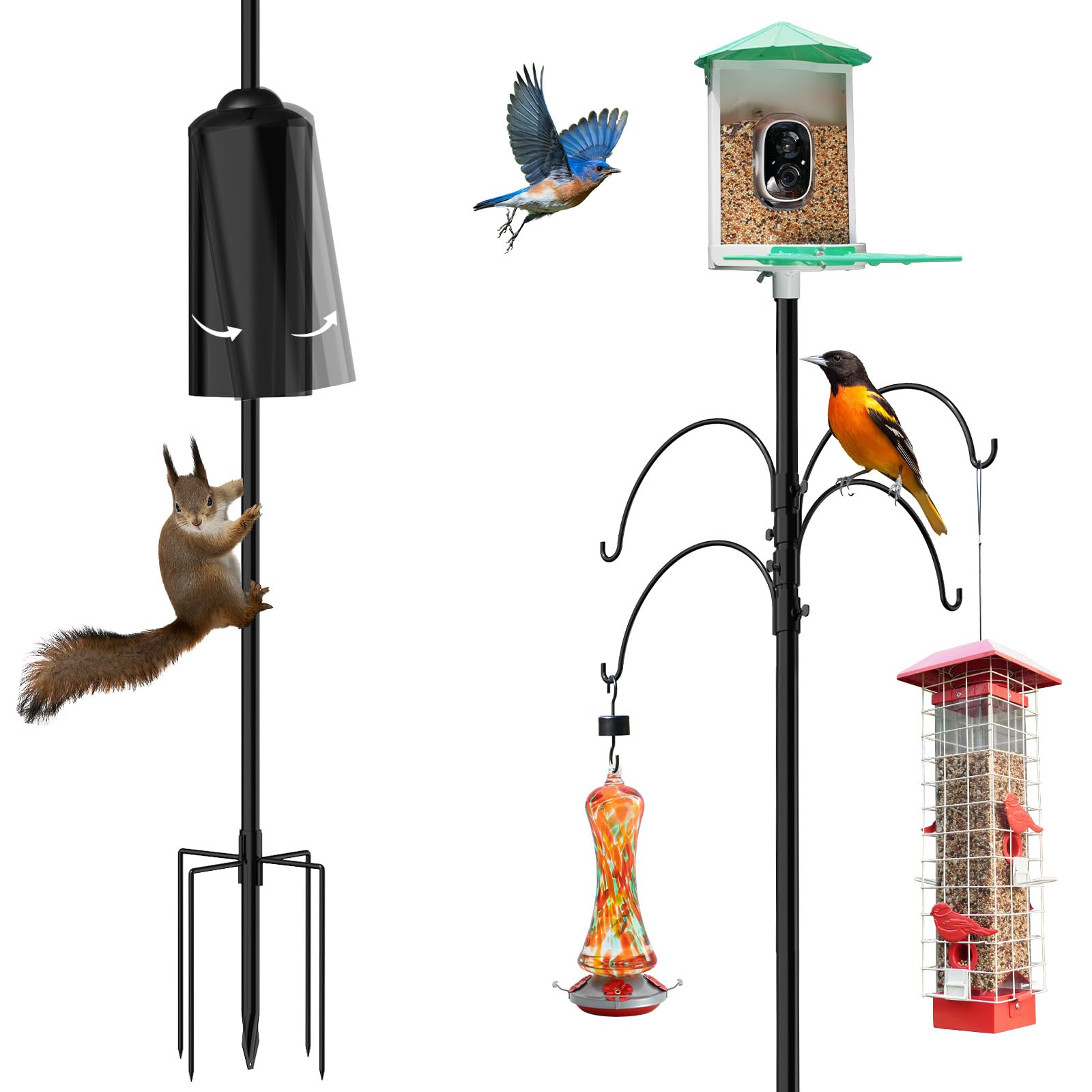 Shepherd Hook Pole for Garden：Adjustable Heavy Duty Outdoor Squirrel Proof Bird Feeder Pole Mount Kit with 5 Prongs Base 90 Inch with 4 Hooks Hanging for Bird Feeder and Birdhouse.