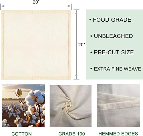 Miniatura 3 de Juego de paños de queso y colador de malla fina, coladores de acero inoxidable de 7 pulgadas con asa, 20 x 20 pulgadas, gasa de algodón sin