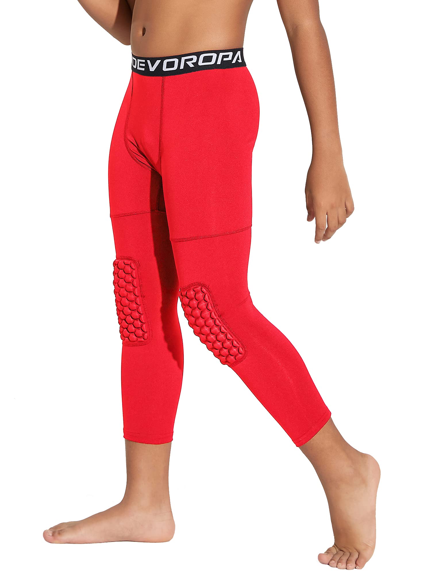 DEVOROPA Youth Boys' Compression Pants with Knee Pads 3/4 Basketball Athletic Tights Quick Dry Sports Workout Leggings