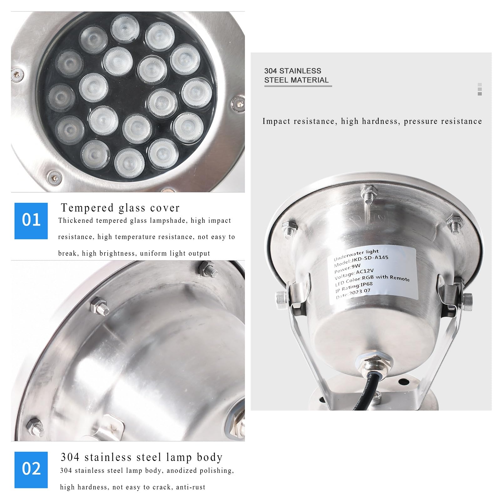 Projecteur submersible à LED sous-marine IP68, étanche, basse tension, for fontaine, piscine, étang, cascades, aquariums, paysage(RGB,36W-12V)