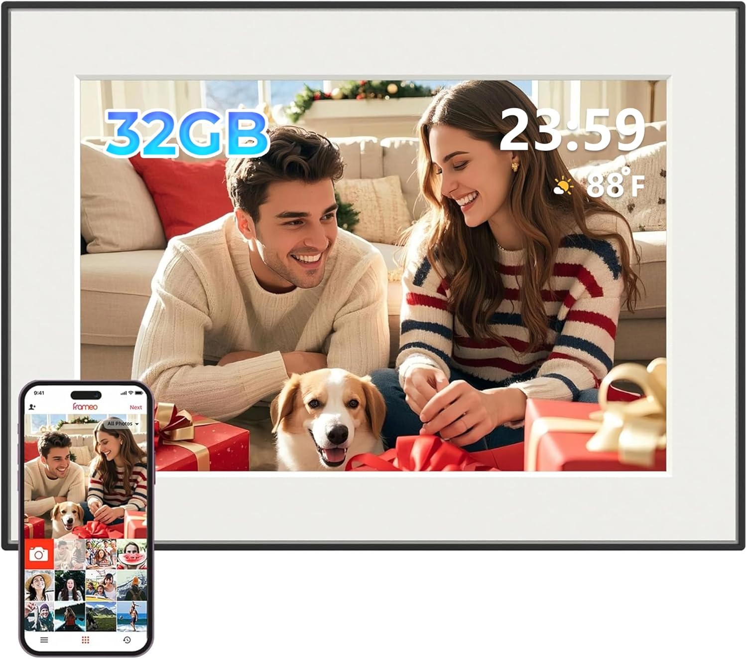 Frameo 10.51 Inch Smart WiFi Digital Photo Frame, 1920x1280 IPS LCD Touch Screen, Auto-Rotate Portrait and Landscape, Built-in 64GB Memory, Share Moments Instantly via Frameo App from Anywhere. Black.