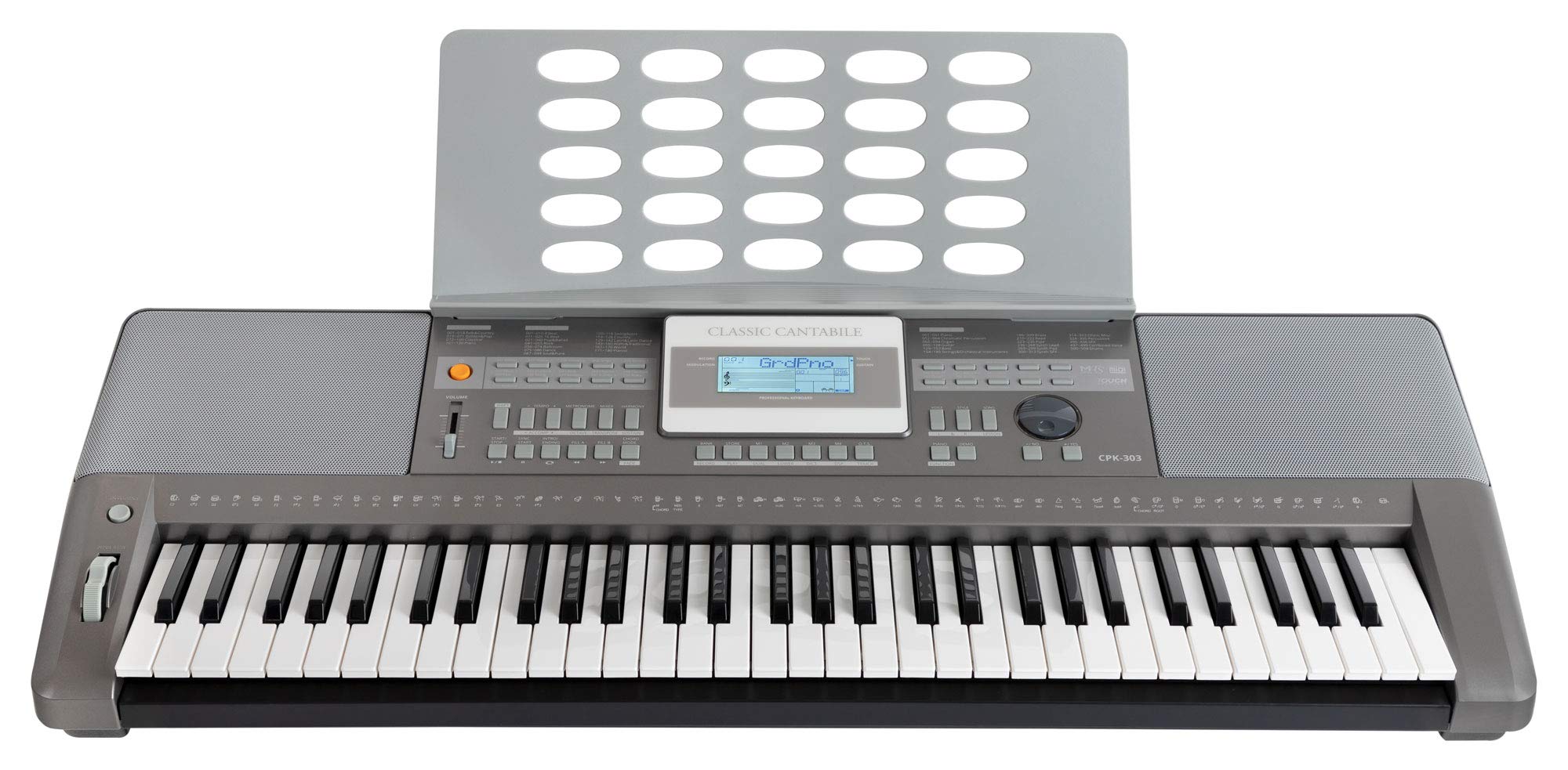 Classic Cantabile CPK-303 Keyboard - 61 Tasten mit Anschlagdynamik - 508 Klänge und 180 Begleitrhythmen - Anschlüsse für Kopfhörer und Sustain-Pedal - grau