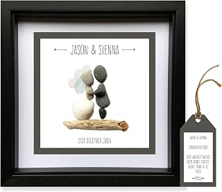 Wedding Pebble Art Simple Design Picture Gift. Personalised Handmade & Framed to Order - Boho, Scandi, Rustic