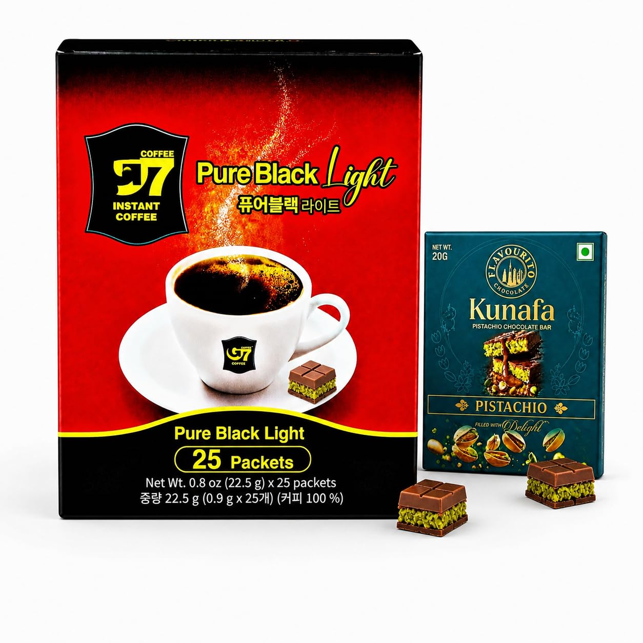 G7 Pure Black Light Instant Coffee Sachets 25 Sticks Mild Smooth Aroma Quick Dissolve No Sugar No Creamer Travel Friendly Single Serve Coffee 22.5g (Imported) With Free Flavourito Kunafa Pistachio Chocolate Bar, 20g By Decadent Foods-picture-27