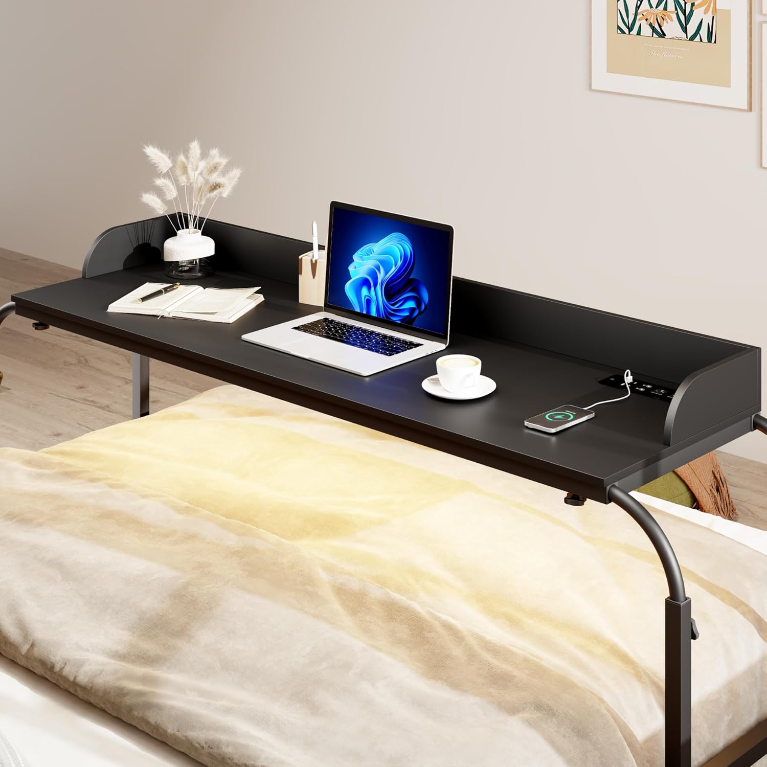 Dystler Overbed Table with Wheels Adjustable Height, 39.37"-43.3" Over Bed Desk with Human Sensor, King Size Overbed Laptop Table with Charging Station for Bedroom, Black