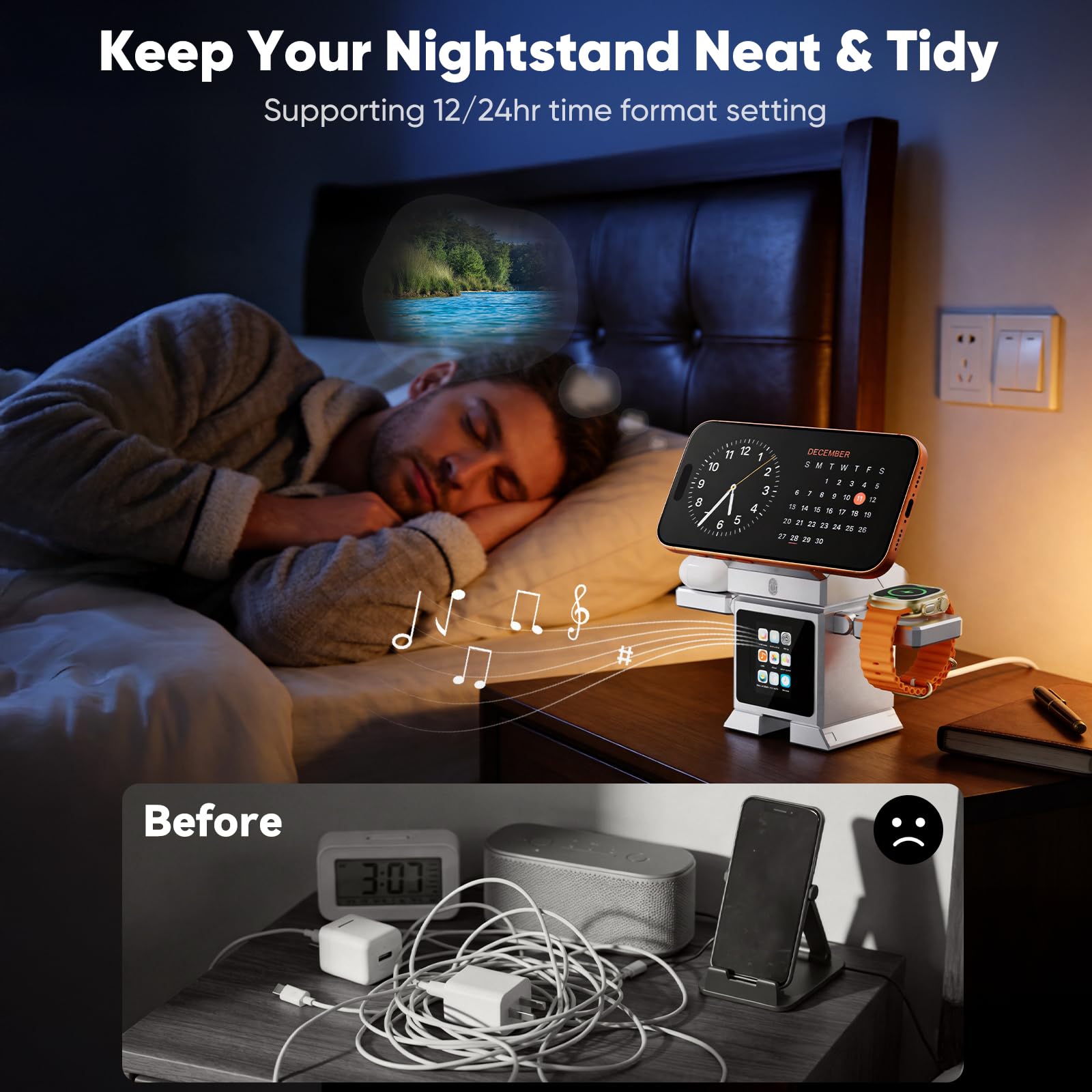Robotic Station de charge sans fil 3 en 1 pour iPhone avec écran tactile LCD, haut-parleur Bluetooth, réveil, Qi2 25 W magnétique rotatif pour iPhone iWatch AirPods, adaptateur 45 W inclus, argenté