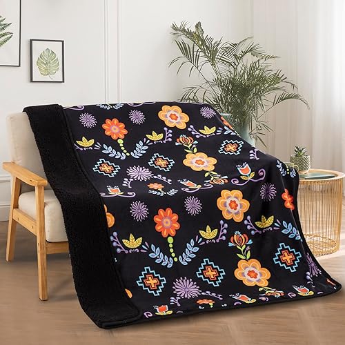 Miniatura 1 de Nu Trendz Manta de forro polar Sherpa con diseño floral nativo para sofá, manta suave súper mullida para sofá silla, manta de felpa acogedora de