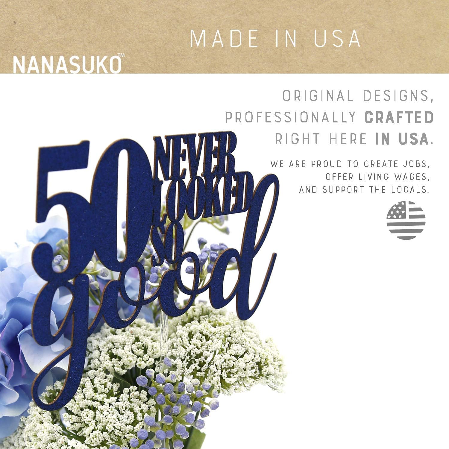50th Birthday Cake Topper - 50 never looked so good - Double Sided Navy Blue Glitter - Premium quality Made in USA