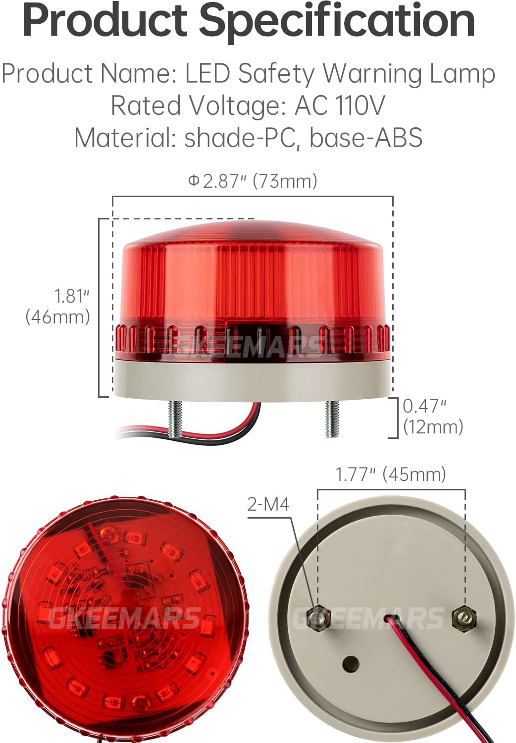 GKEEMARS Round LED Warning Lamp, No Sound AC110V Industrial Signal Flashing Light for Security (Red)