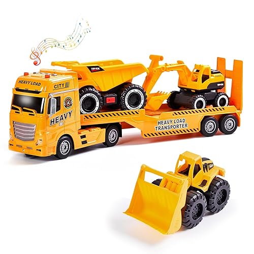 4-in-1 Construction Carrier Truck Toys for Kids, Semi Toy Car