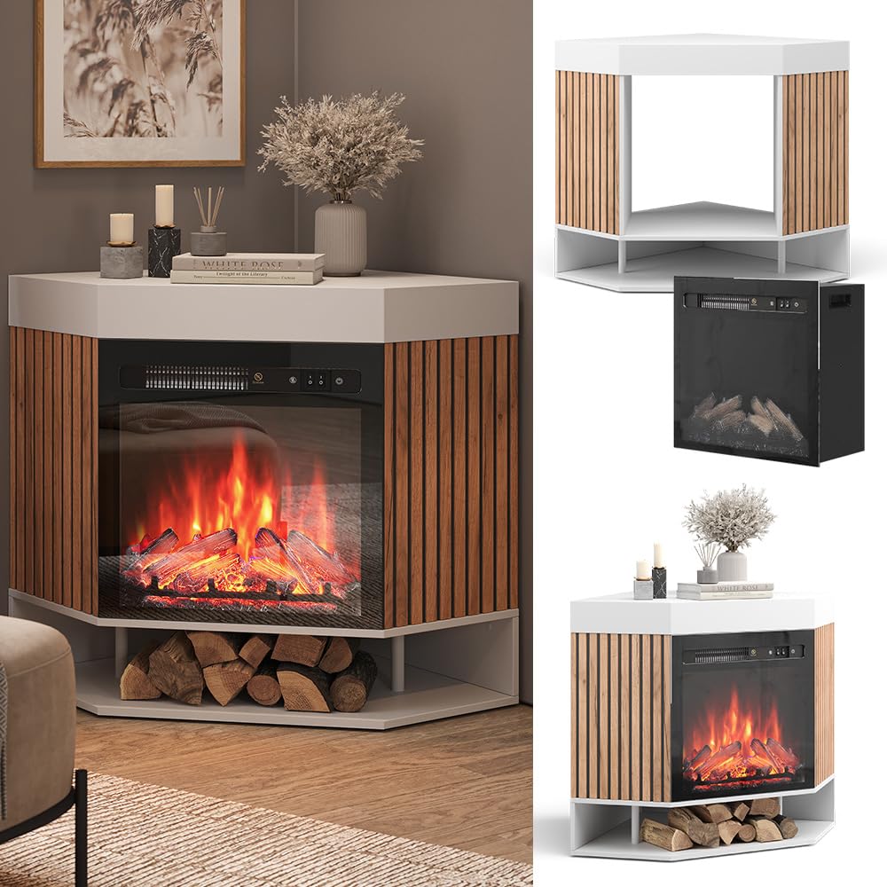 Vicco Caminetto elettrico "Lynea", Bianco, 100 cm con effetto fiamma realistico e riscaldatore da 1800W, installabile a parete con telecomando e temperatura regolabile