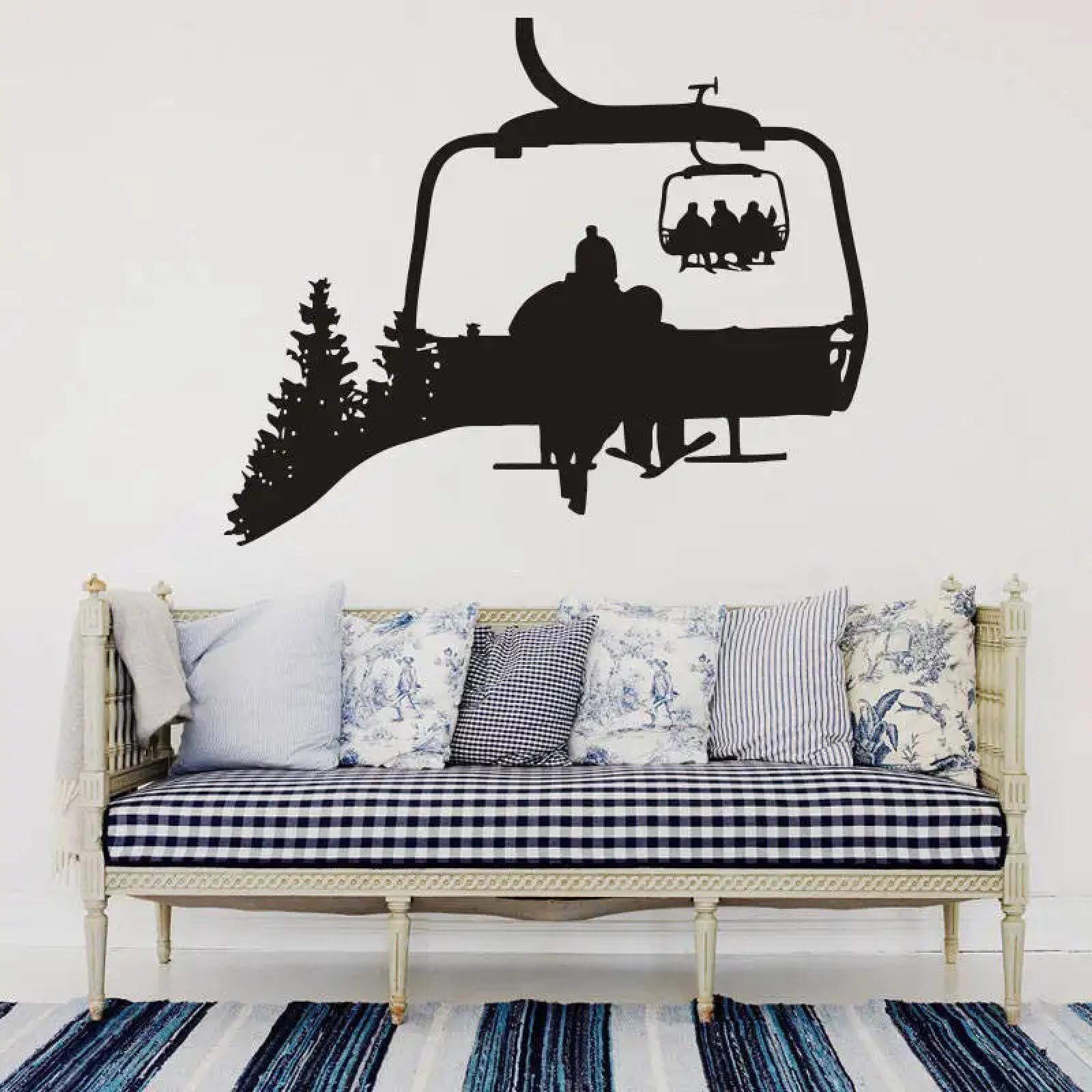 Youousi Black Ski Vinyl Stickers, Ski Lift Chairlift Wall Decals, Skier Wall Stickers, Freestyle Ski Jump Home Wall Decorations