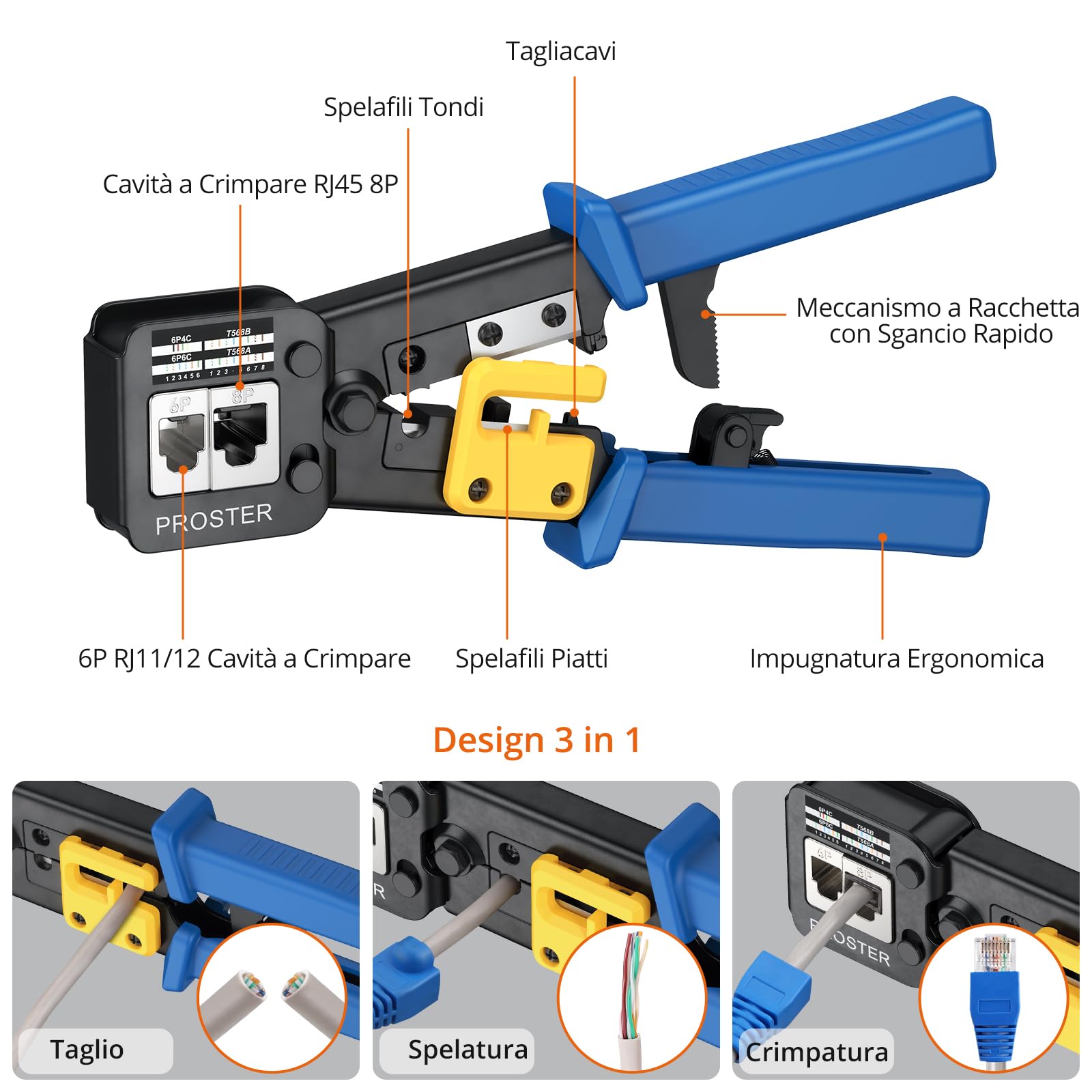 Proster Kit di Strumenti a Crimpare RJ45 Strumento a Crimpare Passante RJ45 per Cavo di Rete CAT5 CAT5e CAT6 8P e Cavi Telefonici RJ11 RJ12 6P con Tester 50pz Connettori CAT6 e Coperture Protettive