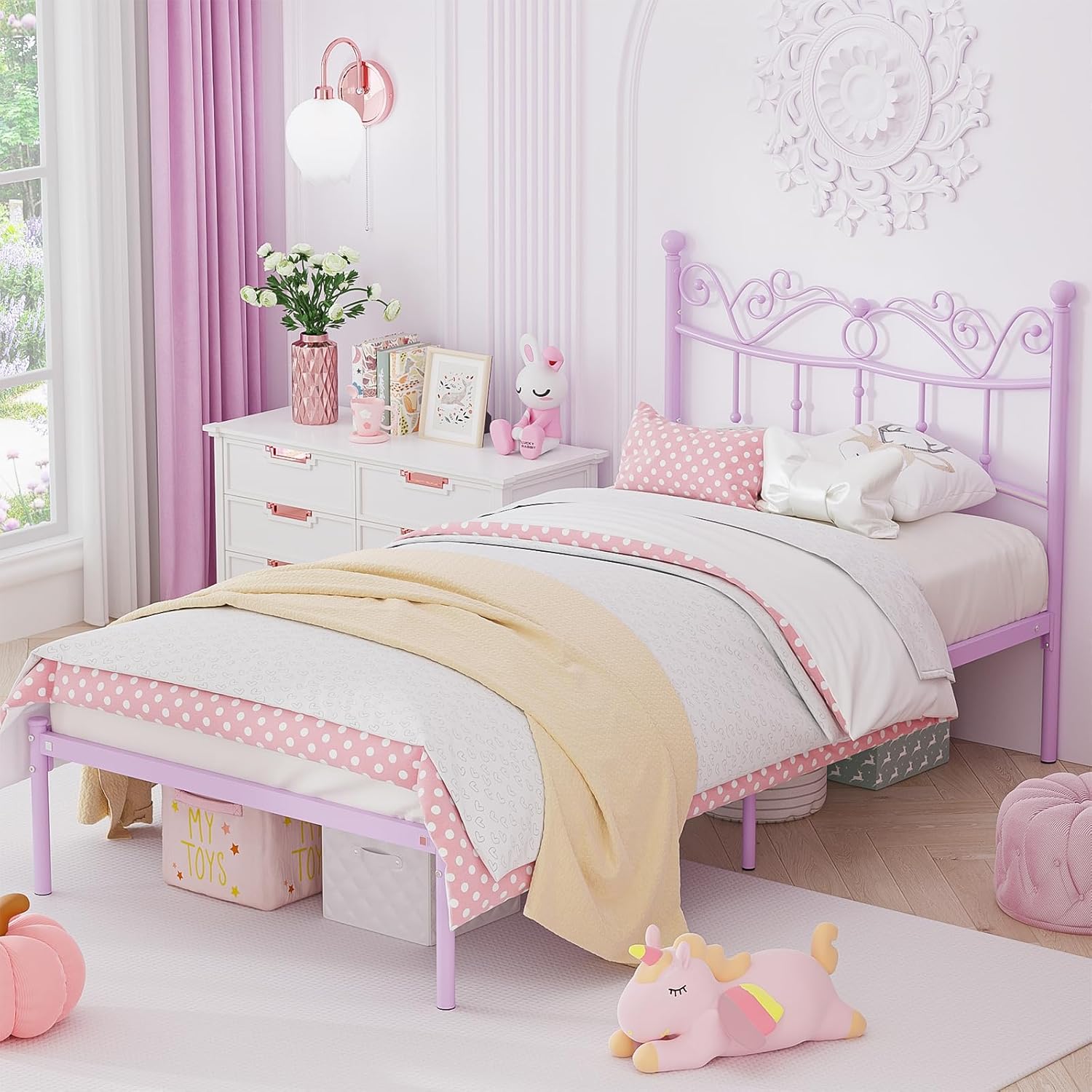 Twin Bed Frames with Headboard, Elegant Metal Bed Frame for Kids Girls, Modern Twin Size Platform Bed - No Box Spring Needed, 11.2 Inches Height Underbed Storage - Purple - Image 3