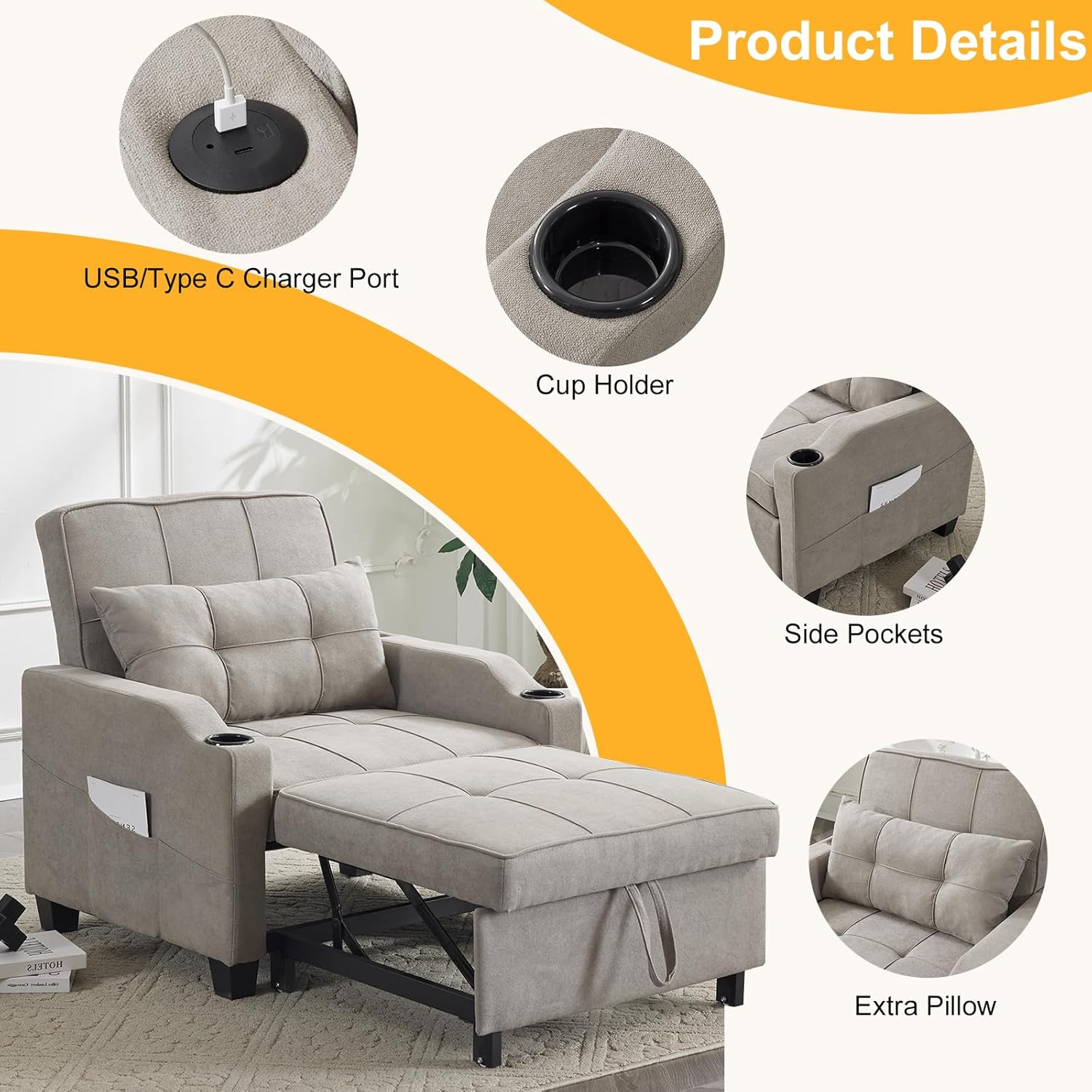 Zimtown Sleeper Chair, 3-in-1 Multi-Functional Pull-Out Sofa Bed, Adjustable Back Futon Sofa with USB, Side Pocket, Cup Holder, for Living Room/Apartment/Office/Small Space,Light Gray