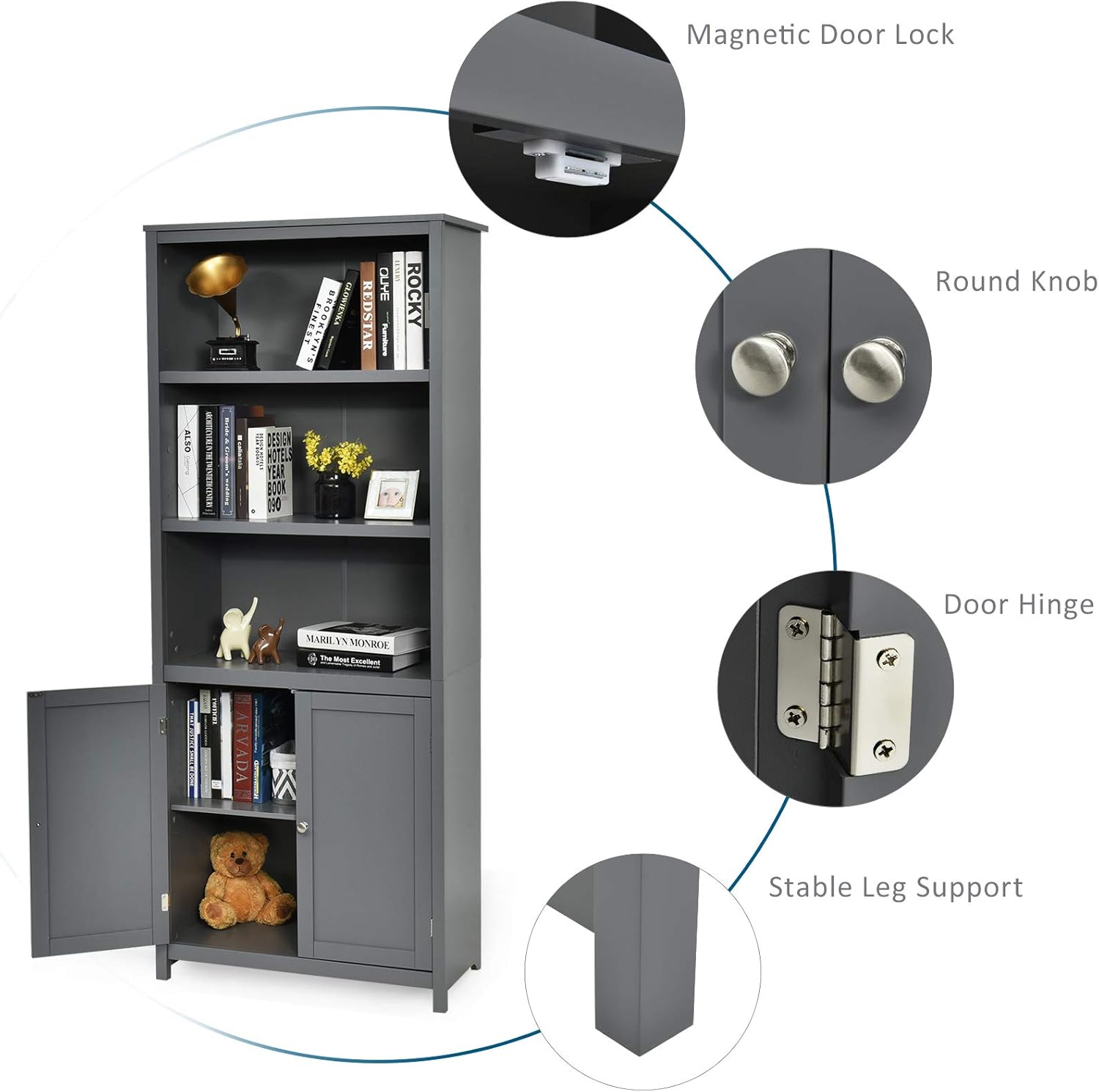 Close-up of bookcase hardware including magnetic door lock, round knob, door hinge, and stable leg support