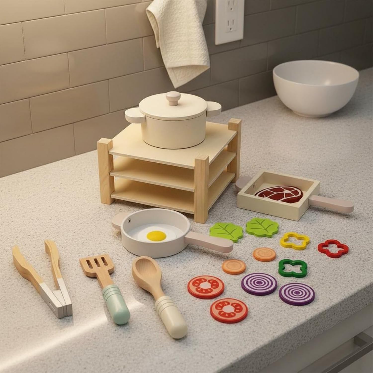 Wooden Culinary Play Set Interactive Game Wooden Kitchen Playset Educational Kids Cooking Playset for Kindergarten, Preschool