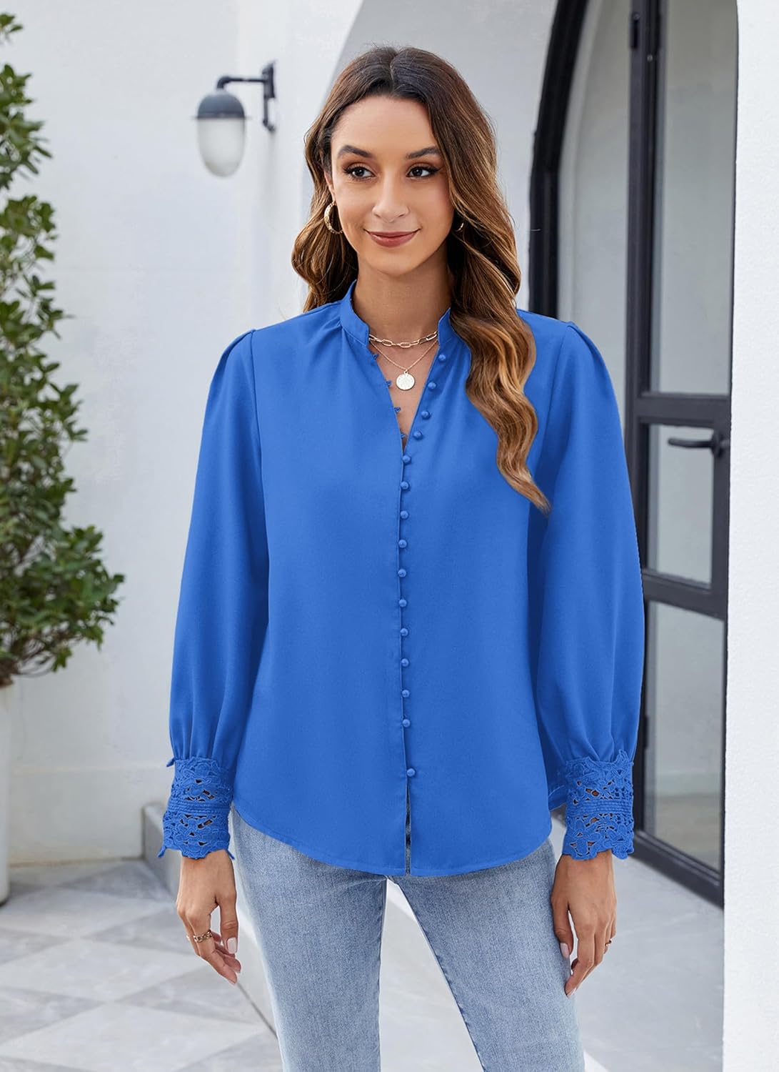 Neweek Womens Button Down Shirts Lace Cuff Long Sleeve Chiffon Dressy Tops Band Collar Fall Business Casual Blouses 2025