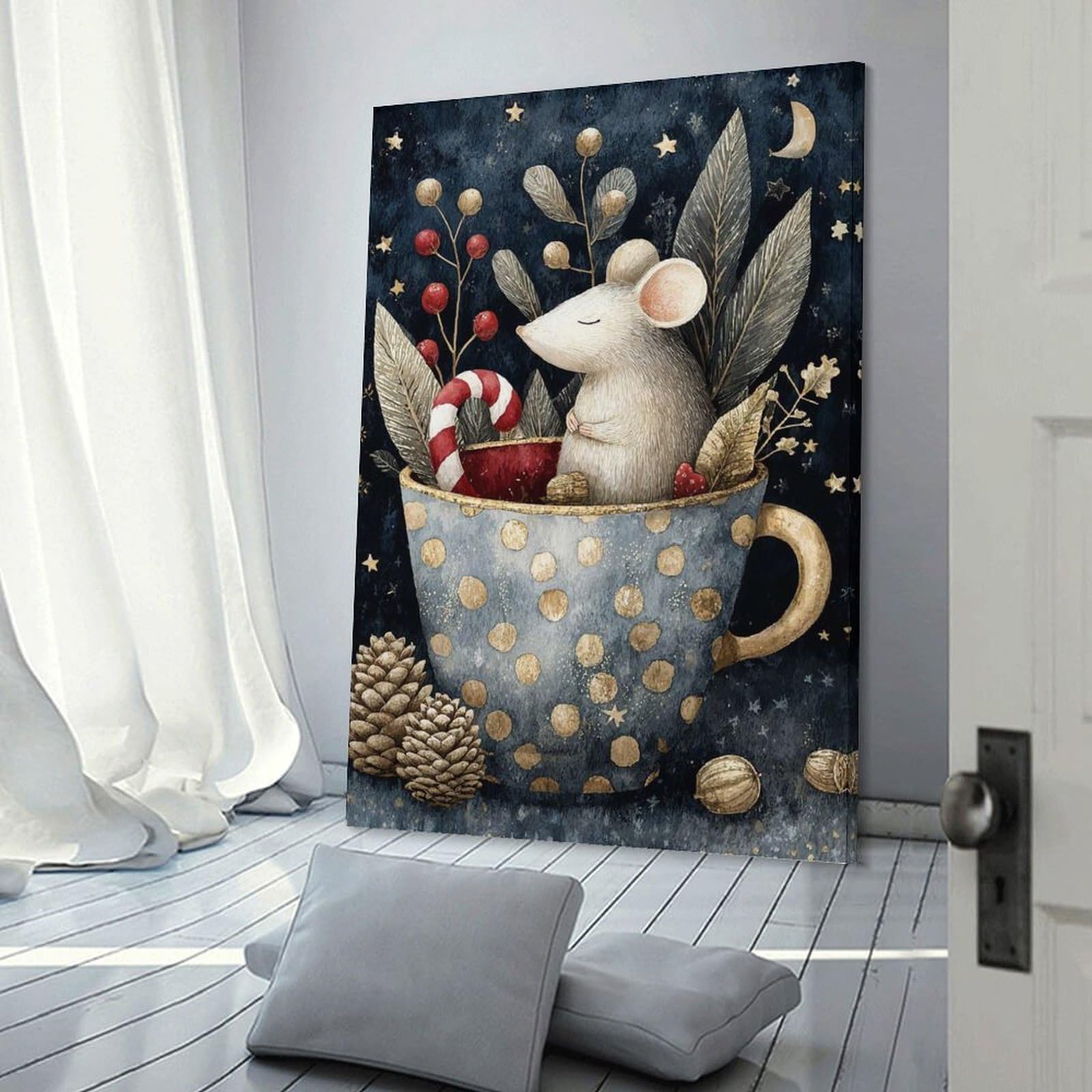 Junmoney Frame-Style-9 Canvas Wall Decor Mouse In A Teacup Watercolor Painting, 24X36inch(60X90cm), For Home Lounge, Bedroom Or Reading Nook, Eye Catching Artwork For Blank Walls