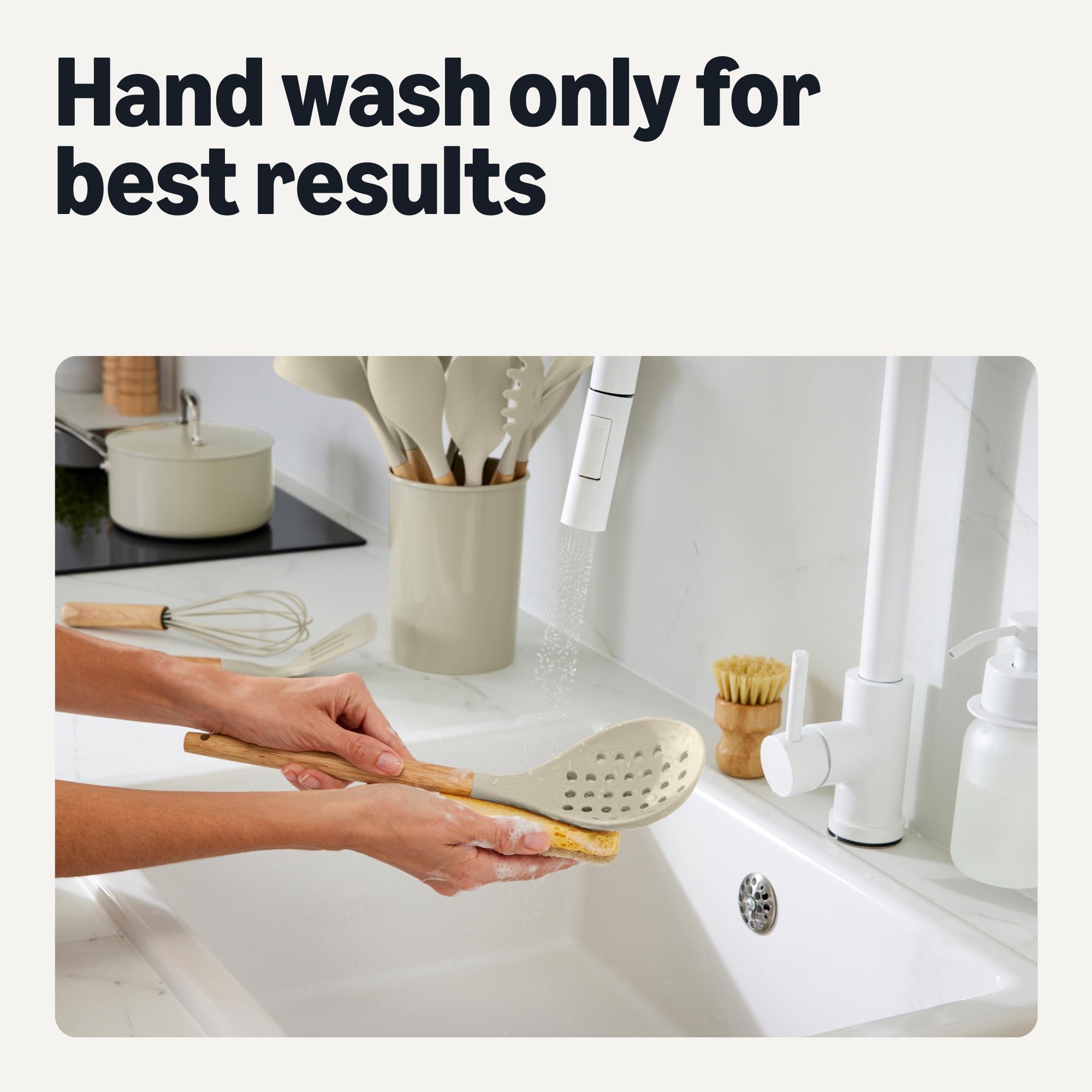 Amazon Basics Silicone Cooking Utensils Set with Wooden Handle, 14-Piece Set, BPA-Free, Utensil Holder Included, Linen Gray