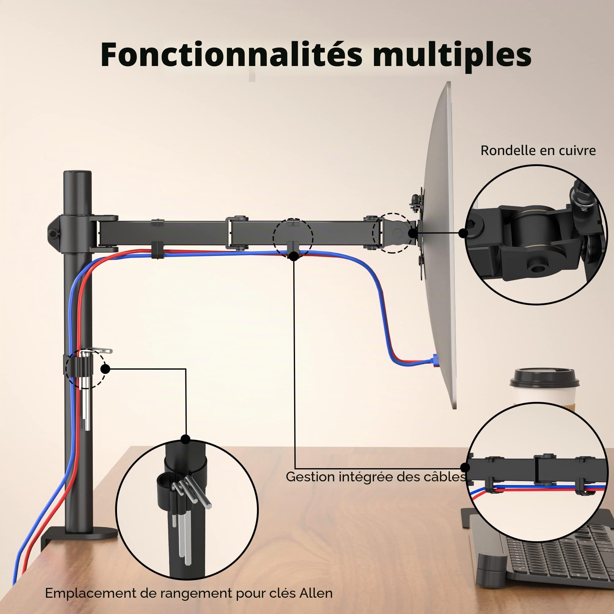 BONTEC Support Ecran PC 13-32 Pouces, Capacité 10 kg, VESA 75x75-100x100 mm, Réglable Hauteur Inclinable Pivotant