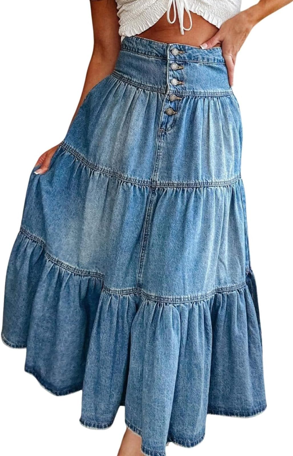 LLECDASEUI Women’s Denim Tiered Ruffle Maxi Skirt Summer Boho Flowy A-Line Skirts Y2k Vintage Jean Long Skirt (S)