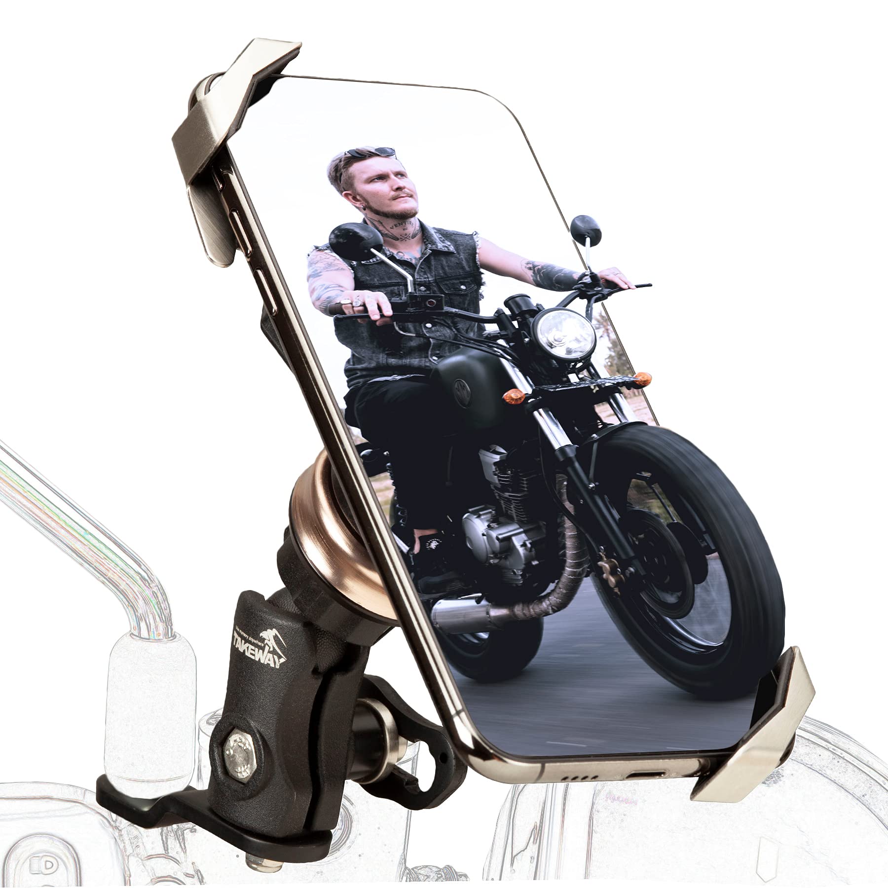 TAKEWAY LA3-PH05-ANV Anti-Vibration Motorcycle Mounts Holder, Fixed Base of Rearview Mirror, Stable, Adjustable, Double Socket Arm, Phone Clamp for 4.7-6.7 Inch Smartphone Multi-Angle Vision