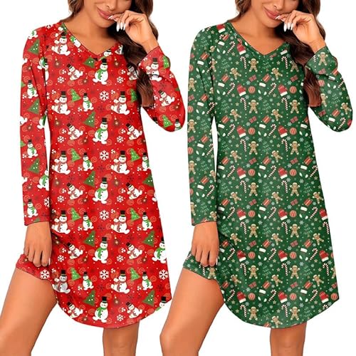 Marvmys 2 Pack Nightgowns for Women Long Sleeve Night Shirts Sleepwear V Neck Night Gown for Adult Women S-3XL Christmas-red & Green Medium