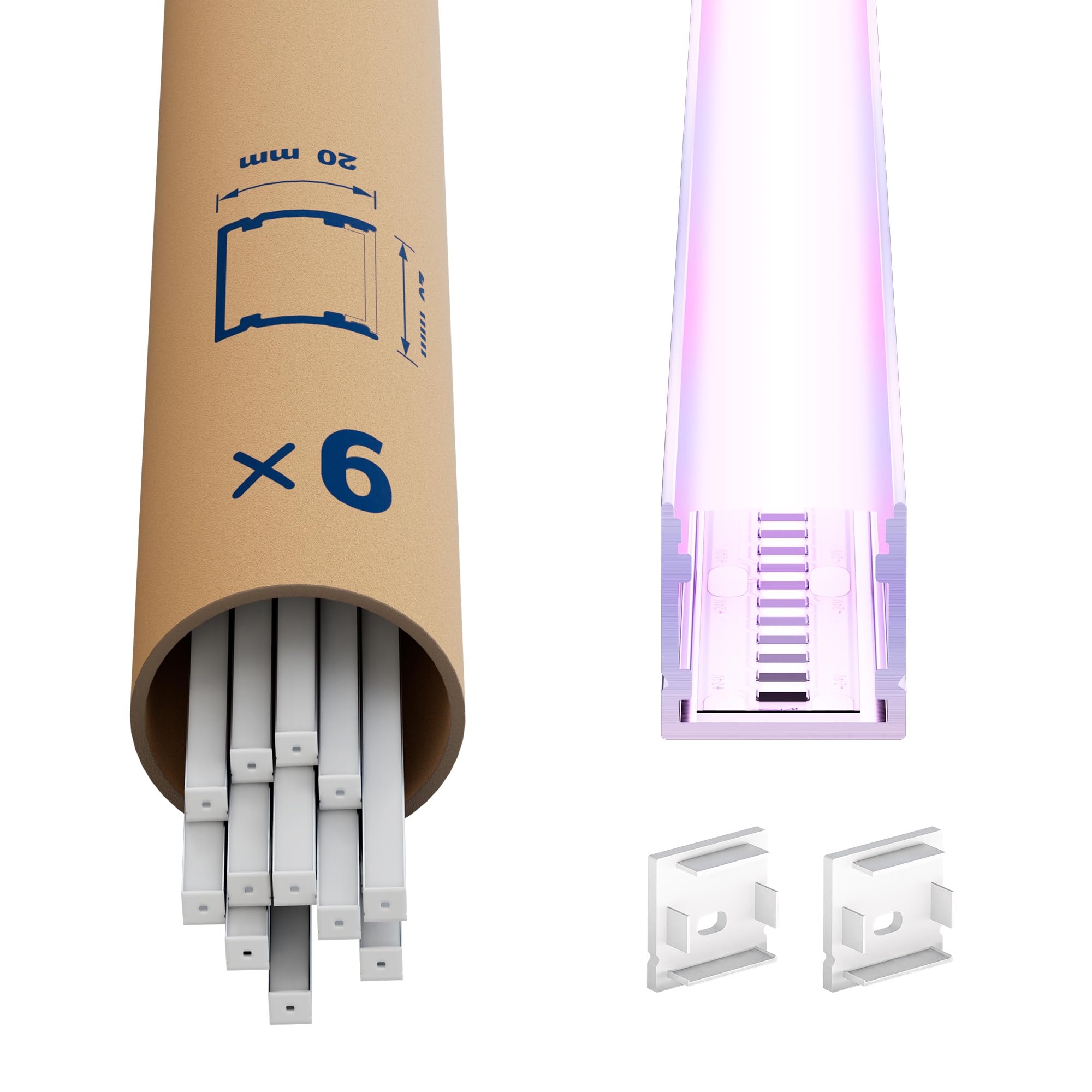 Perfil de aluminio para cintas LED de 2 m (12 m) - Perfil empotrado de aluminio con difusor ópalo - Tamaño: 20 x 20 mm - Soporte ideal para cintas LED de hasta 15 mm de ancho