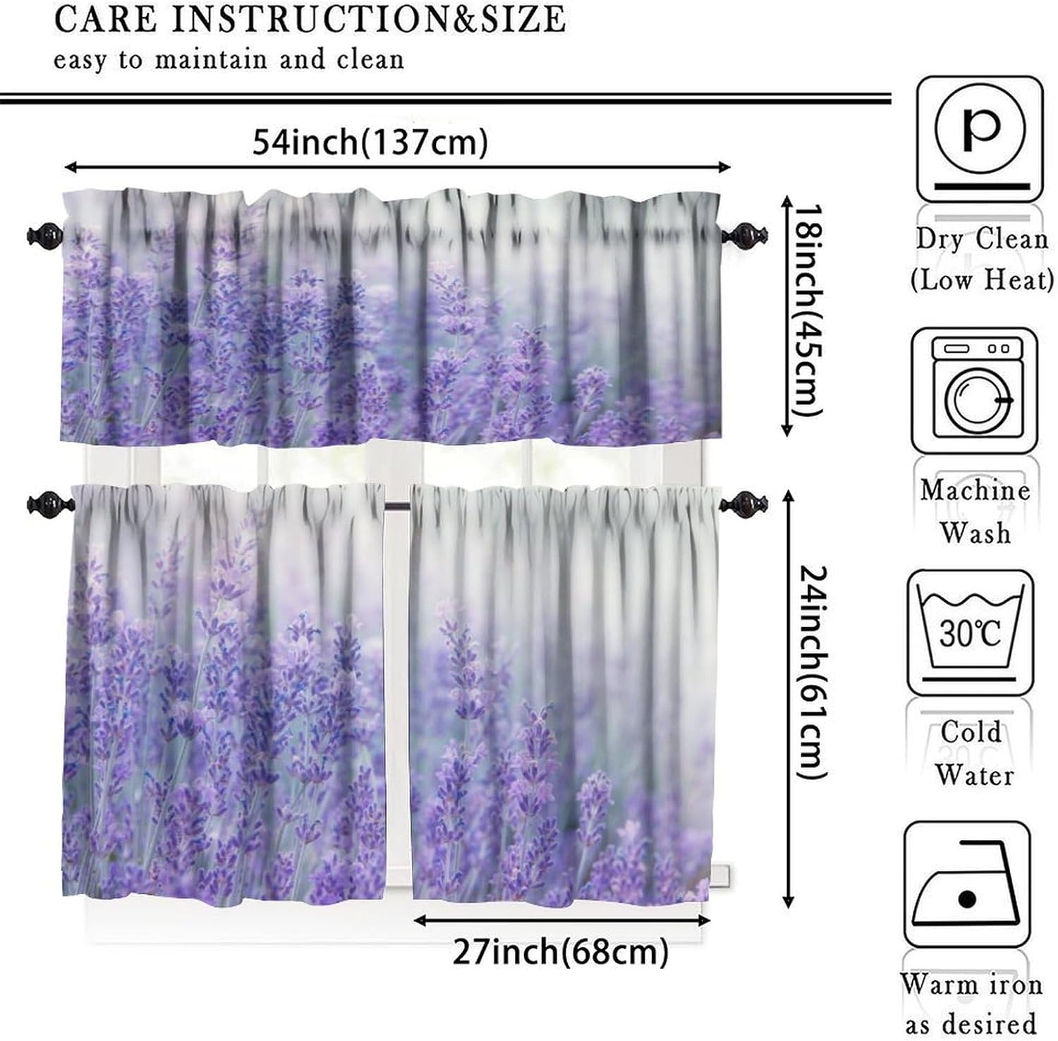 Lavender Kitchen Curtain and Valance Set Tier Nature Purple Floral Short Curtains Rod Pocket Drapes Living Room Cafe Dining Room Kitchen Bedroom 54 x 18 inches + 27 x 24 inches *2