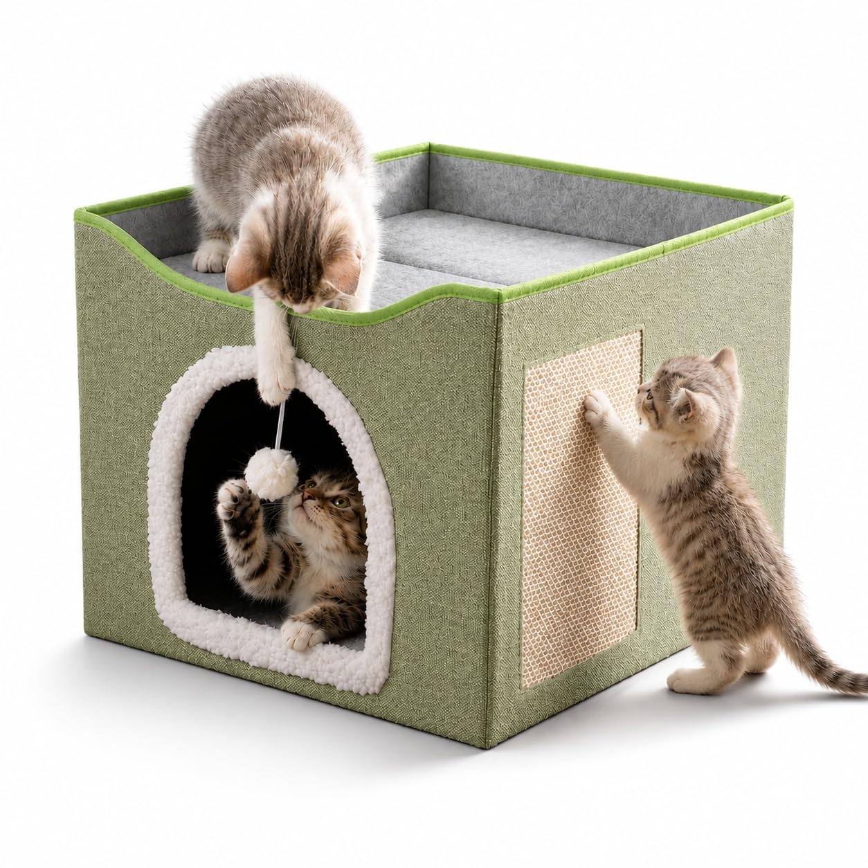 FURRYPAWS Cat Cave Bed Indoor, Cooling Summer Cat House with Breathable Cushion, Foldable 2-Tier Condo Hideaway with Scratch Pad, All-Season Use, 41x41x34cm,Green