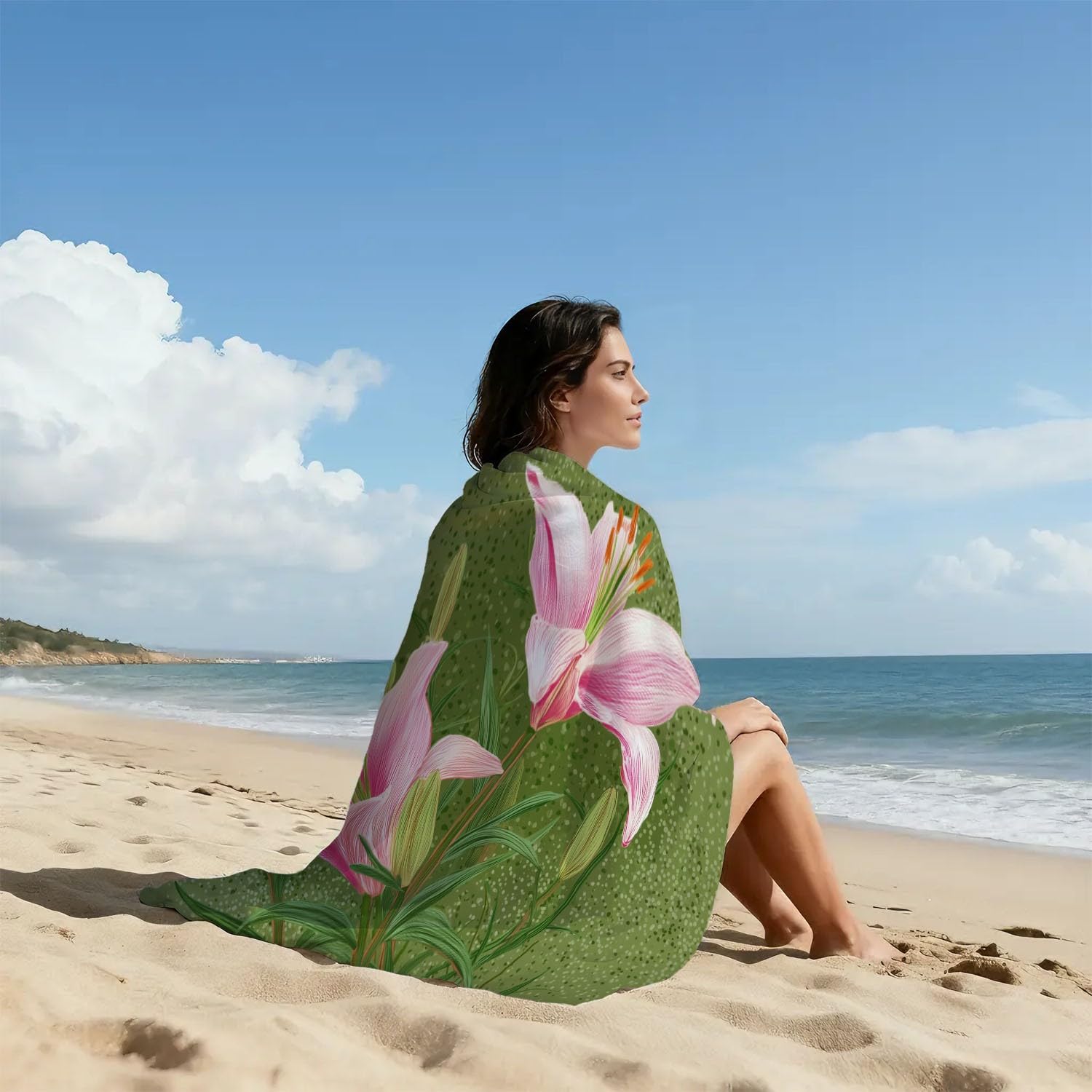 Realistisch, Ästhetisch, Elegant, Frisch Strandtuch 230 x 210 cm - Strandtuch trandtuch Leichtdünn Weich Lilien, Blütenblätter, Grüne Blätter, Botanisch,für Strand, Pool, Yoga, Picknick
