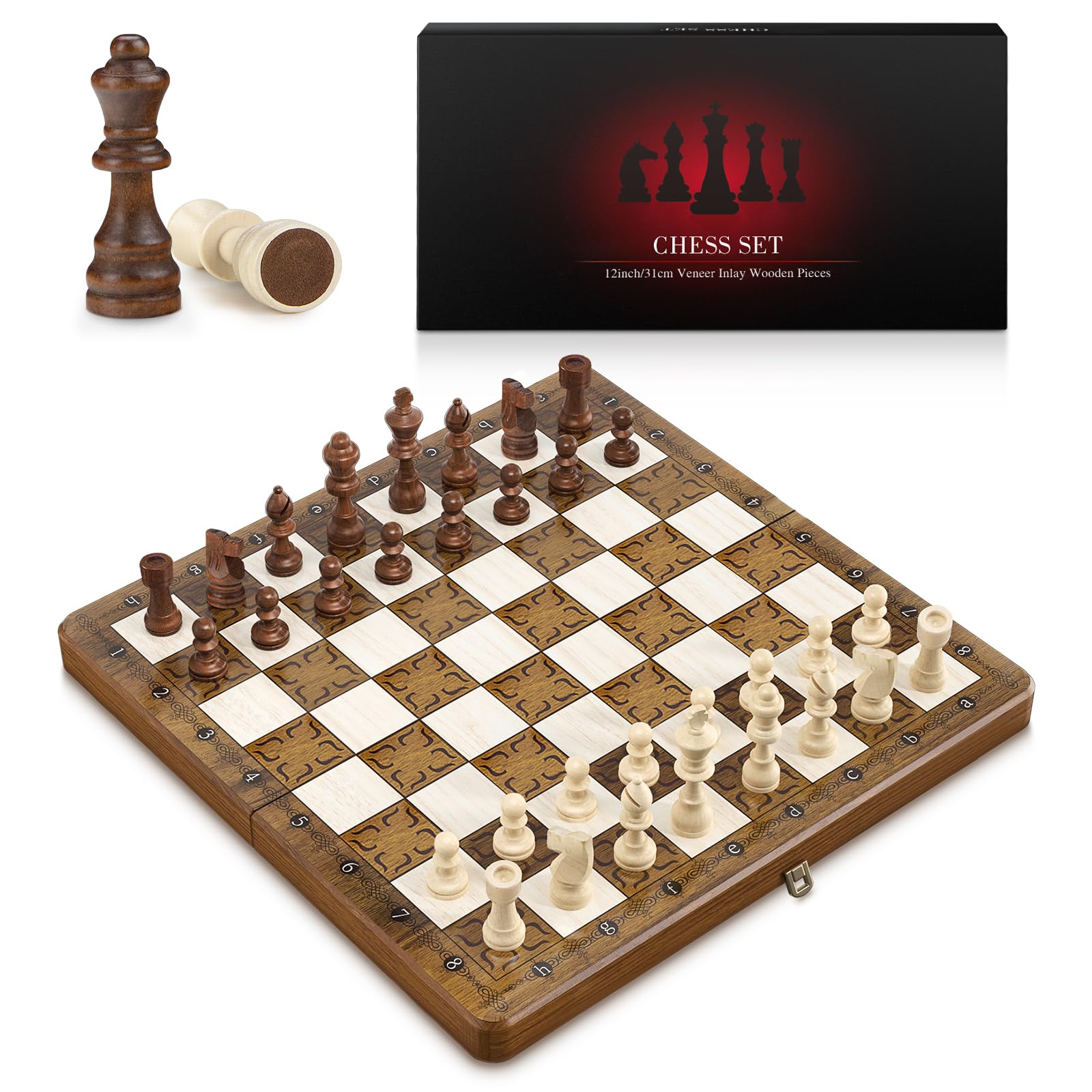 12''x12'' Chess Set for Adults Kids, Magnetic Wooden Chess Board with Handmade Staunton Pieces & 2 Bouns Queens, Folding Portable Travel Board Game for Tournament Professional Beginner