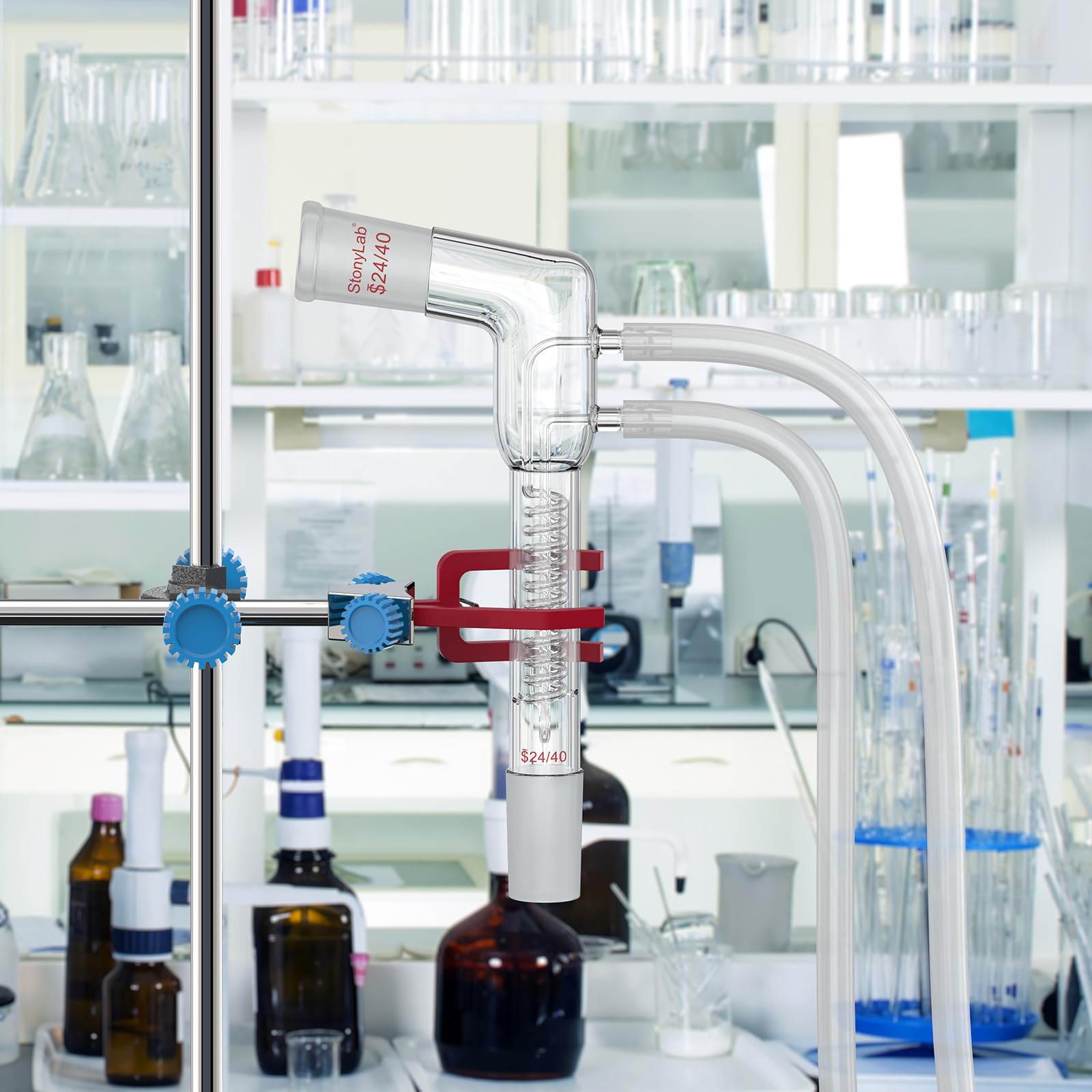 stonylab Condensador de Reflujo de Bobina, Condensador Dimroth de Vidrio Borosilicato Dobladado 105°, Juntas 24/40 y Sección de Bobina 100 mm, Tubo de Condensación para Experimentos de Destilación