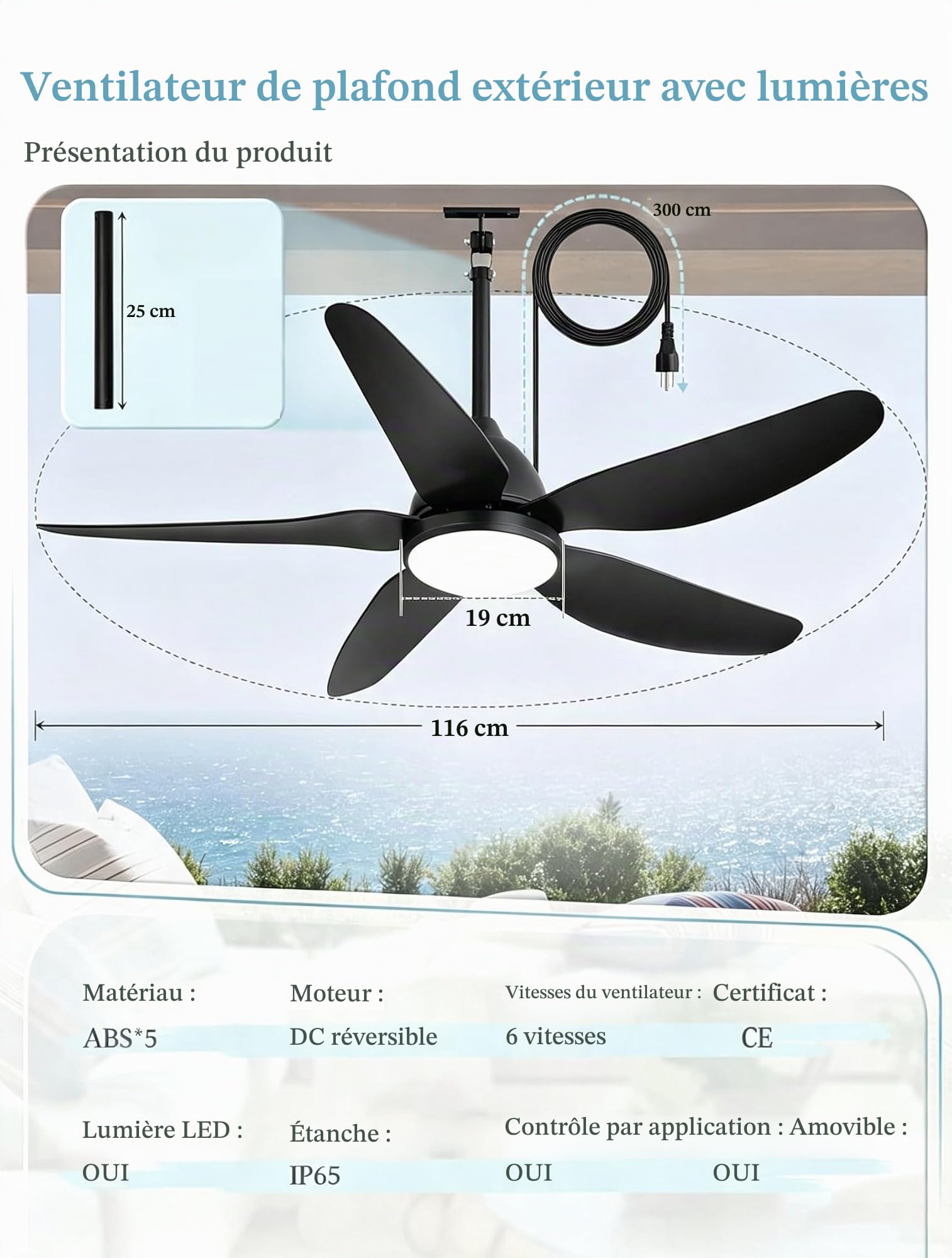 IP65 Ventilateur de plafond Extérieur avec Éclairage 116cm étanche LED Plafonnier Ventilateur Silencieux 6 Vitesses Dimmable Ceiling Fan with Light pour Terrasse Gazebo, avec télécommande Noir