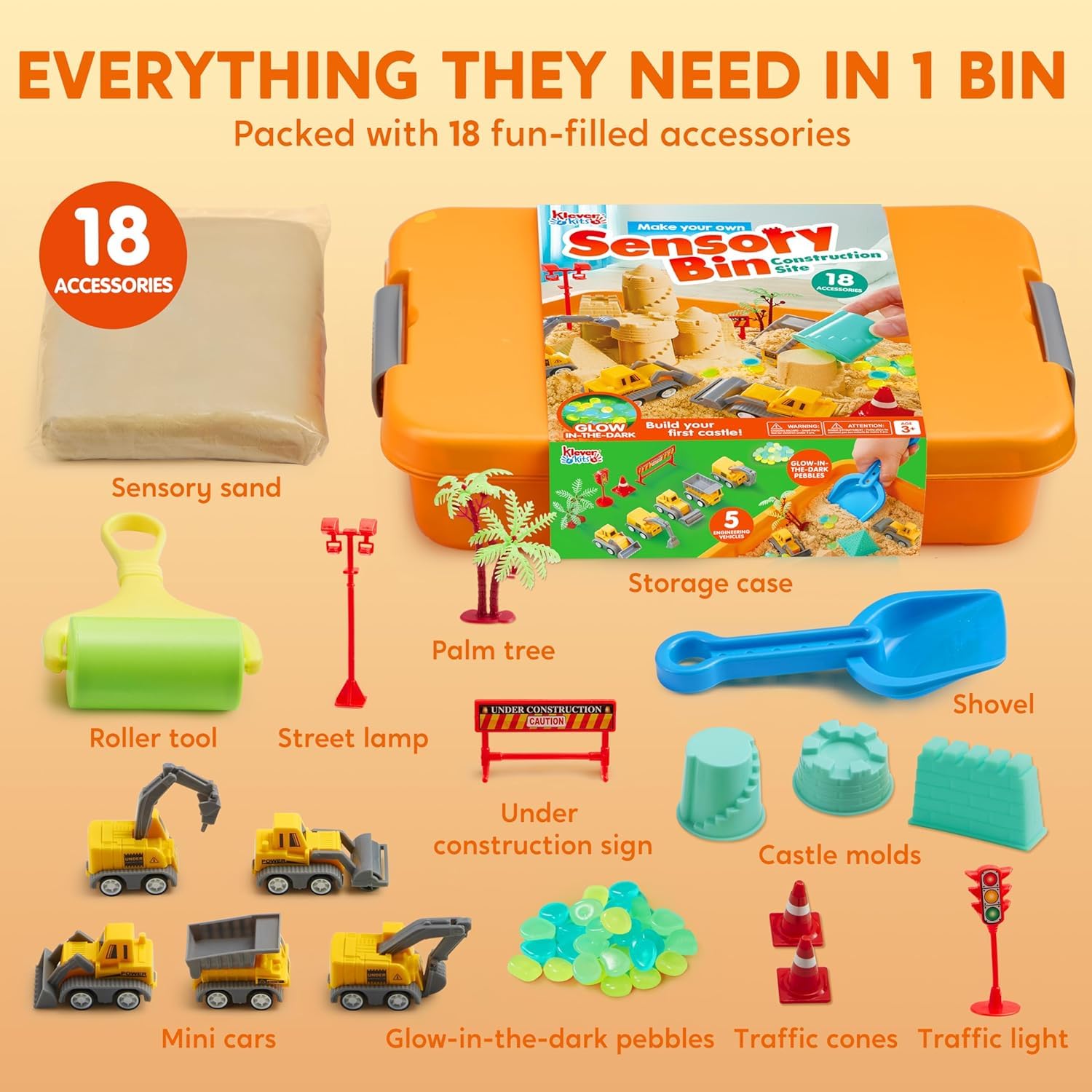 Klever Kits Magic Sand Set Spielsand Baustelle Kinder Koffer Spielsand für Kinder,Baustellen Sandkasten mit 18 Zubehörteilen,Leuchtenden Steinen,Zaubersand Sandspielzeug für Jungen ab 3 4 5 6 7 8 9