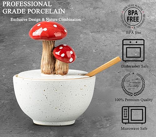 Miniatura 4 de Bodega de sal de hongos con tapa Caja de sal de cerámica Recipiente de sal blanca Recipiente de sal con tapa Cerdo de sal con cuchara de bambú