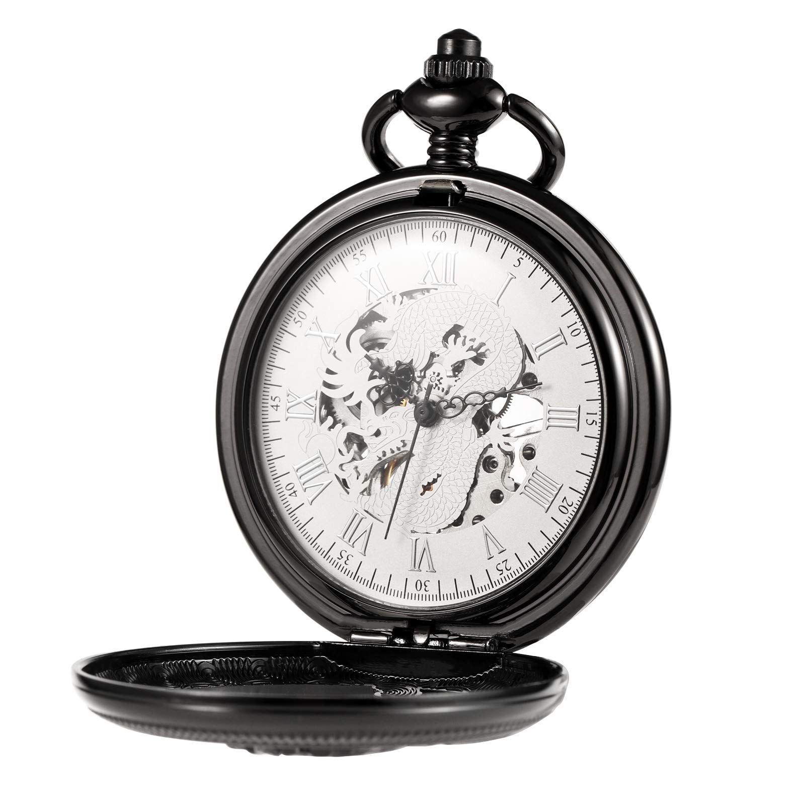 TREEWETO Orologio da taschino meccanico da uomo, con scheletro, drago cavo, con catena e scatola