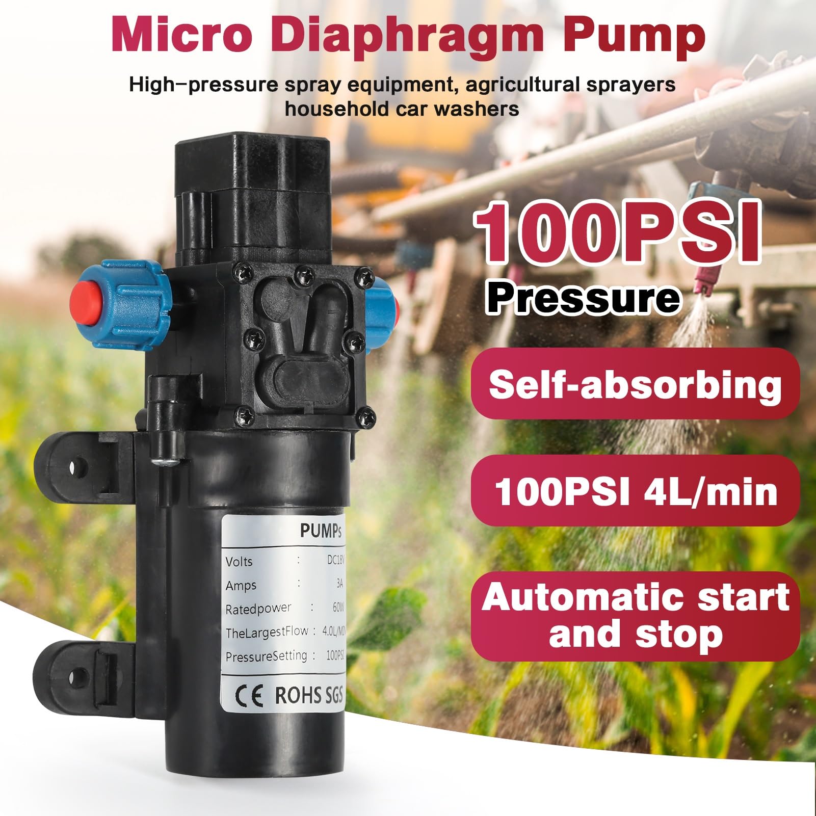 Jadeshay Pompe à diaphragme DC 60W Pompe Auto-amorçante Haute Pression 100PSI 4L / Min Micro Pompe à Eau Commutateur Automatique for Lavage de Voiture Pulvérisateur d'eau de Jardin (Size : 18V)