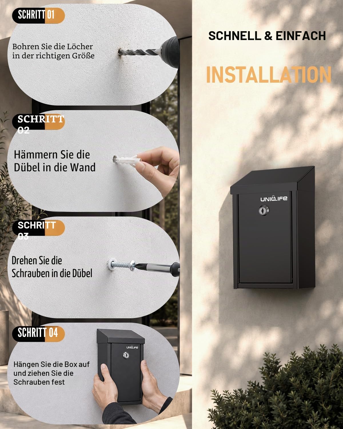 Uniclife Briefkasten Schlüsselkasten für den Außenbereich, Metall Spendensammelbox mit Schlüsselschloss, sichere Vorschlagsbox Einwurfschlitz, Geldkassette Stahl für Home Office und Business