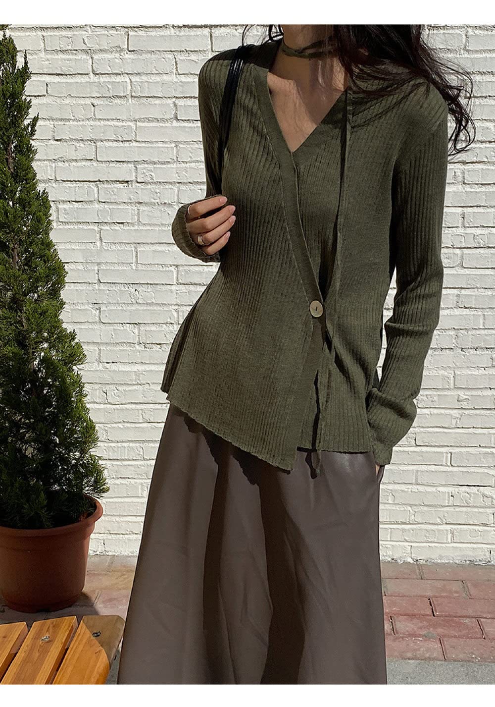 Chaqueta Mujer,Cárdigans De Punto De Costilla Para Mujer Abrigo Elegante Armygreen Corbata Con Cuello En V Suéteres Cárdigan Manga Larga Botones Asimétricos Cárdigan Frontal Abierto Primavera C