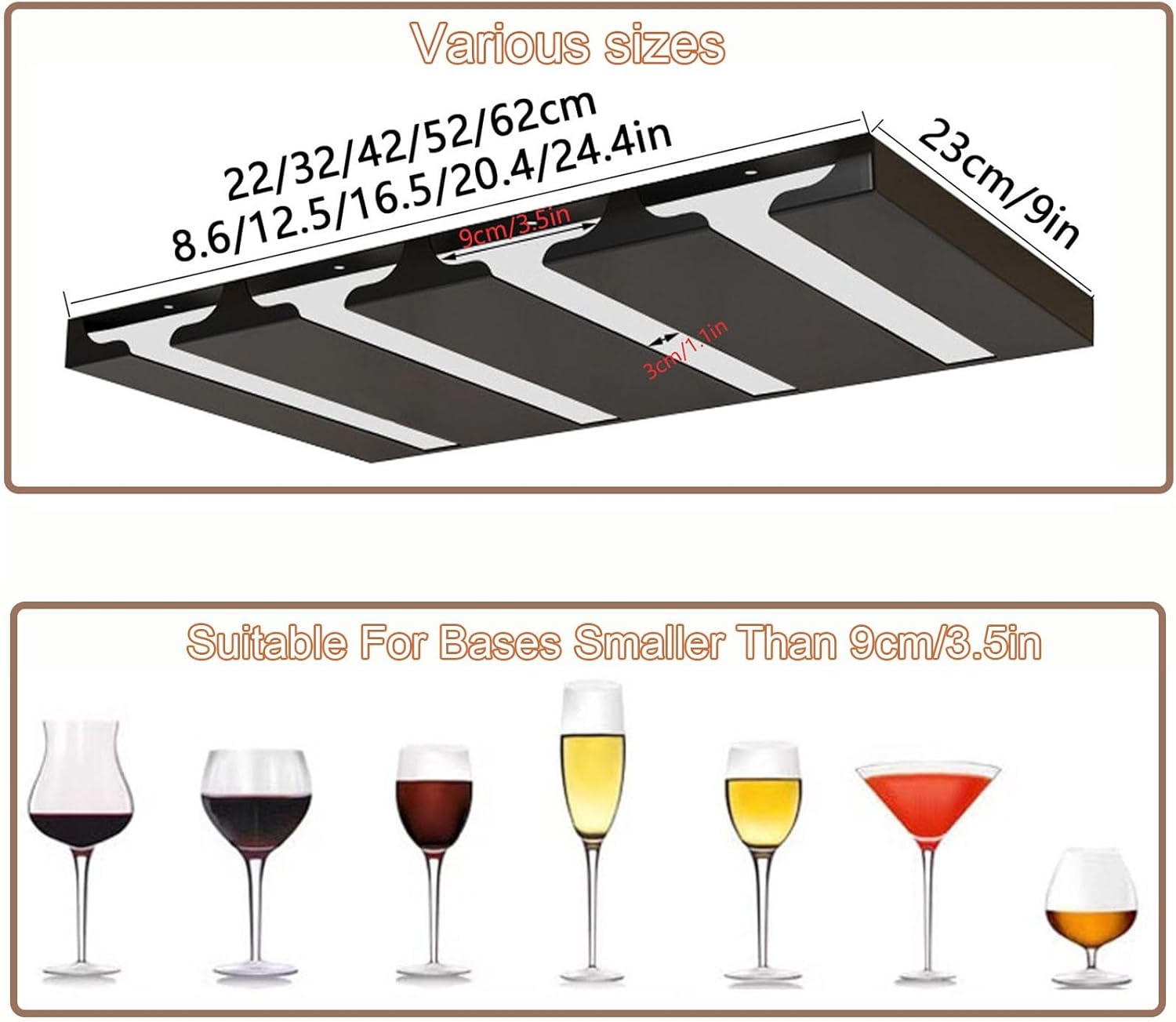Under Cabinet Wine Glasss Holder Stemware Rack Wall Mounted Storage Hanger Stainless Steel 2-6 Rows Can Hanging 4-12 Glasses(62x23cm/24.4x9in)