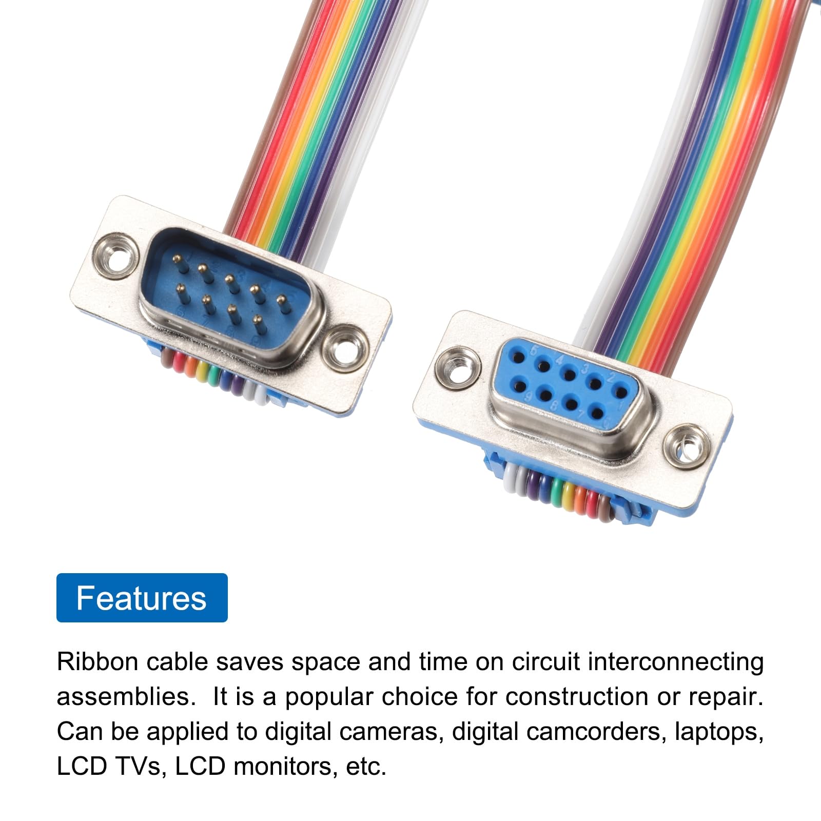 QUARKZMAN Câble Ruban Plat IDC Rainbow Fil DB9 Longueur 13 Pouces Pas 2.54 mm Fils de Jumper pour Breadboard Câble d'Extension RS485 RS232 Pour Projets Électroniques Hub Parallèle Multi-Port