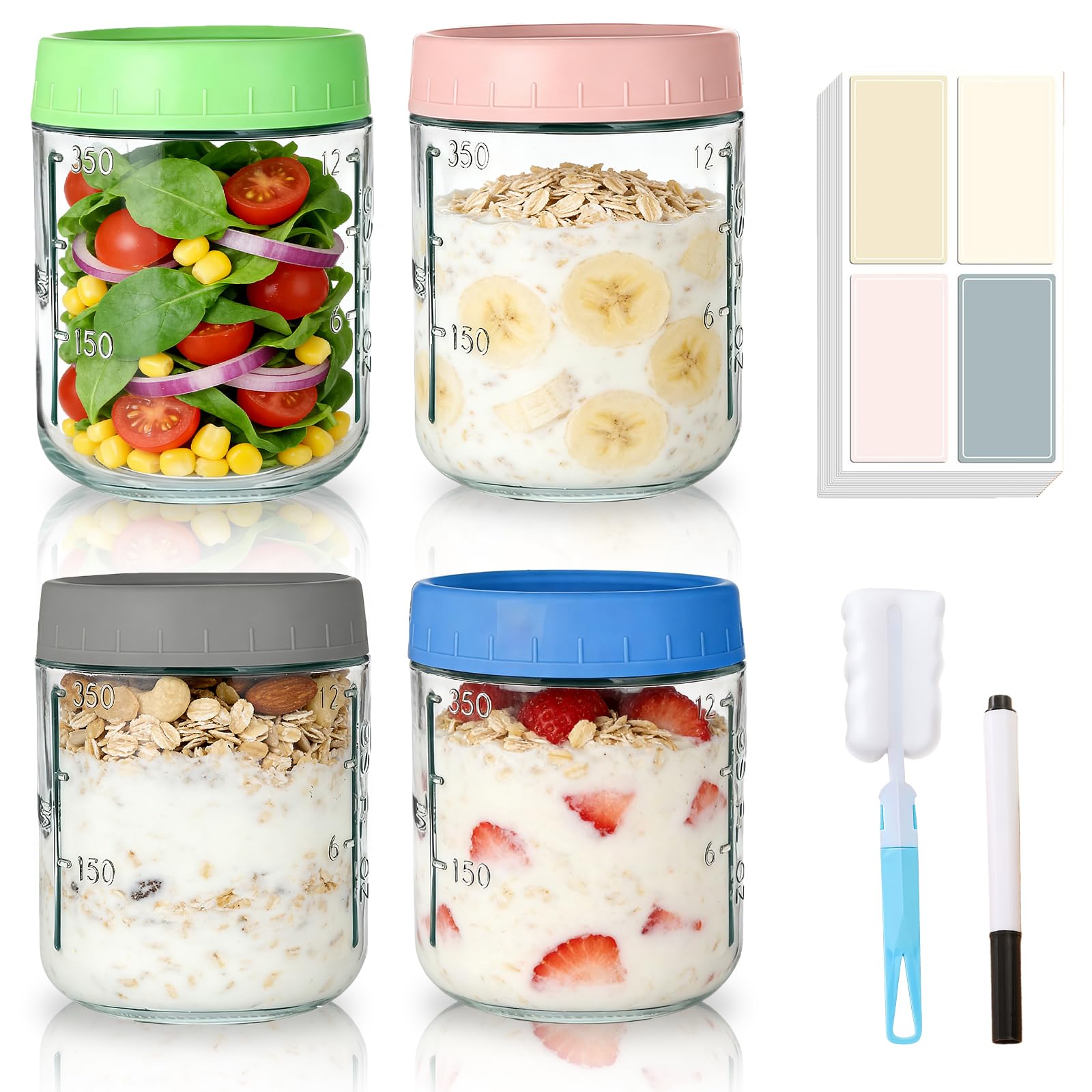 MEETOZ 4-Pack 17 oz Glass Jars,Overnight Oats Containers with Screw Lid, Glass Food Storage, Reusable Small Mason jars for Food Spice Fruit Sauce Cereal Snacks Storage (4 Pack-480ml)