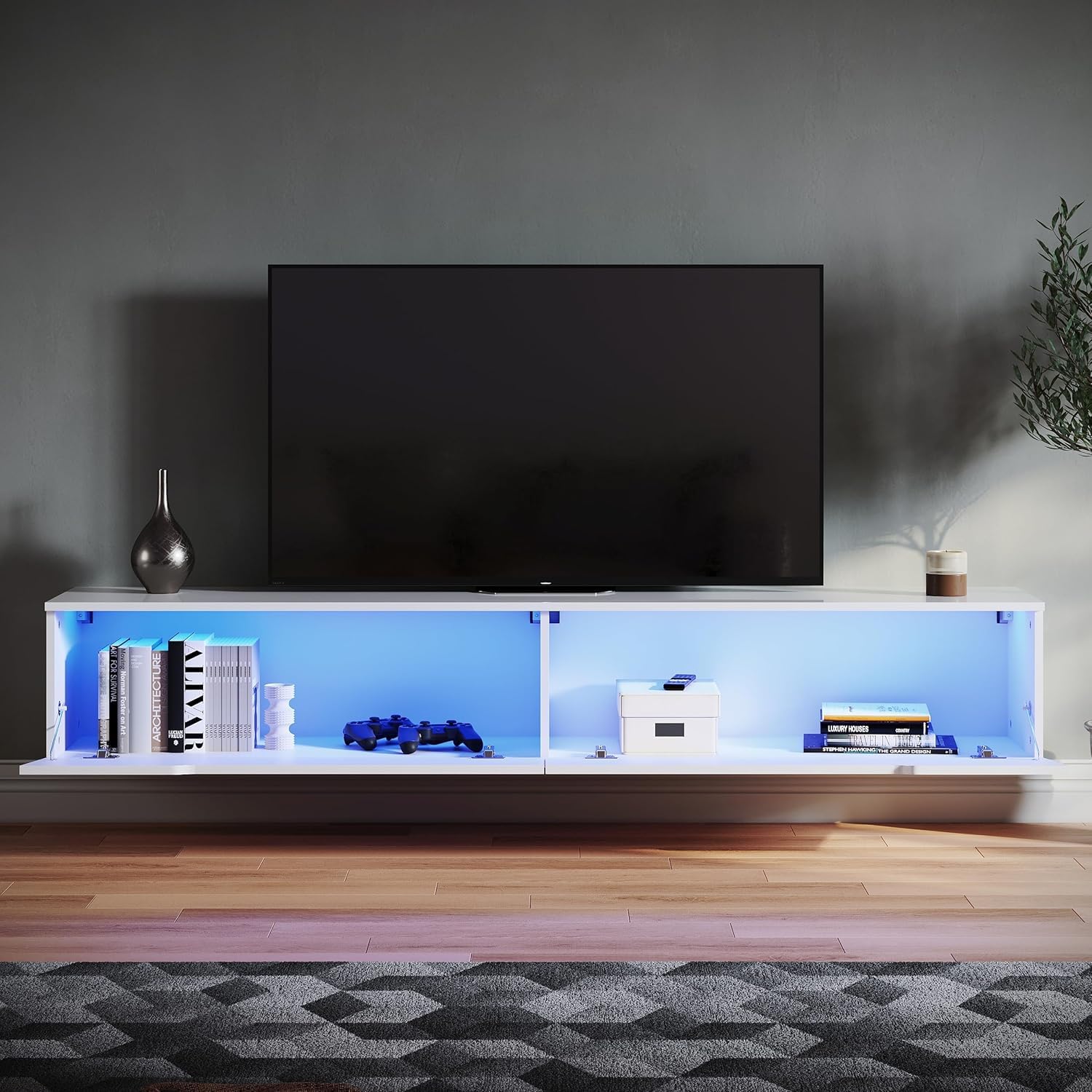 SONNI TV Schank, Lowboard Weiß Hochglanz hängend 180x35x30cm mit LED-Beleuchtung(12 Farben können eingestellt werden), Griffloses Design, TV Board, Fernseherschank, Fernsehtisch, TV-Regal. GTV009W-180