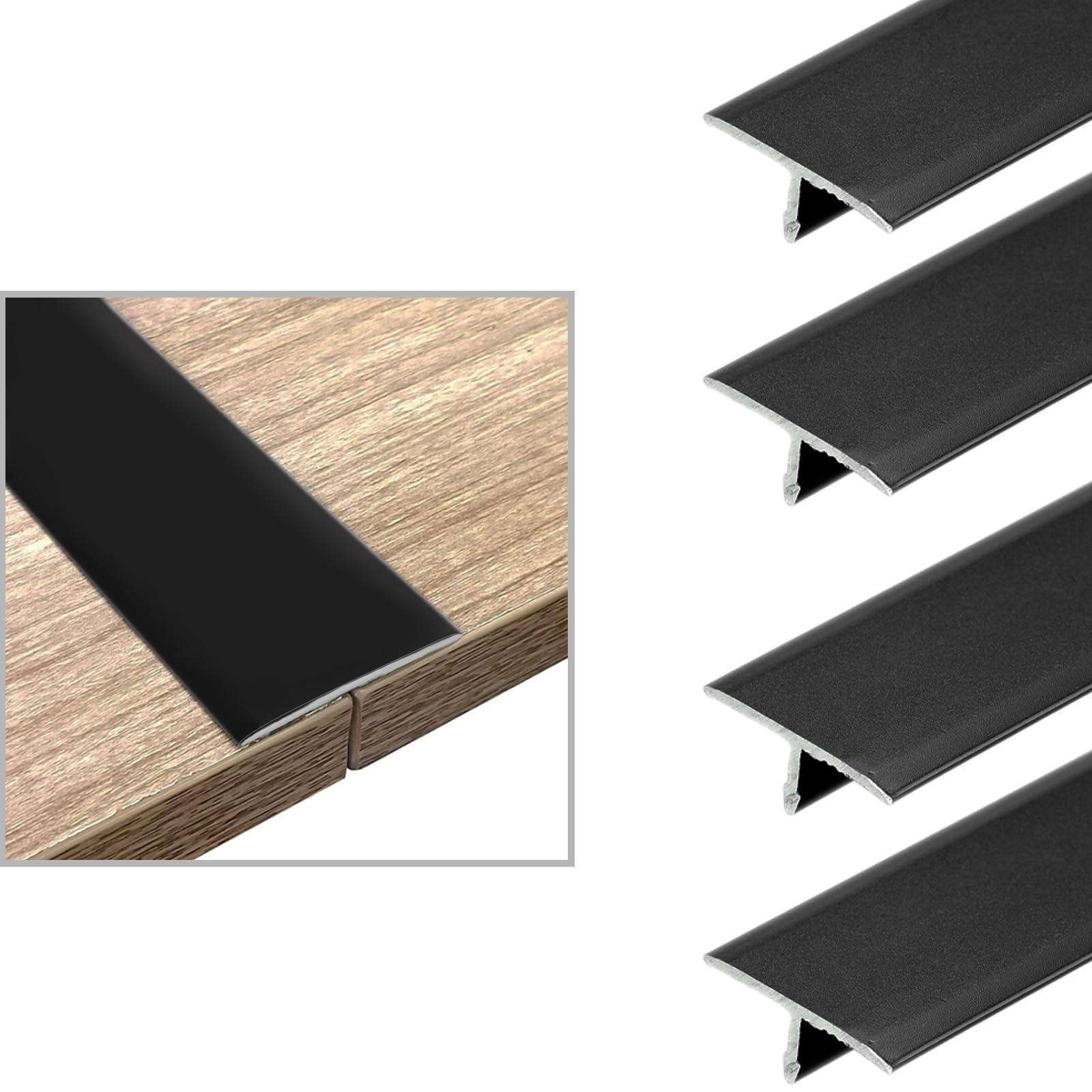 Qiveno 4Pcs Aluminum T-Molding Floor Transition Strip - 3.93ft x 0.8in for Joining Floor Gaps and Thresholds, Versatile Trim for Door Thresholds(Black)