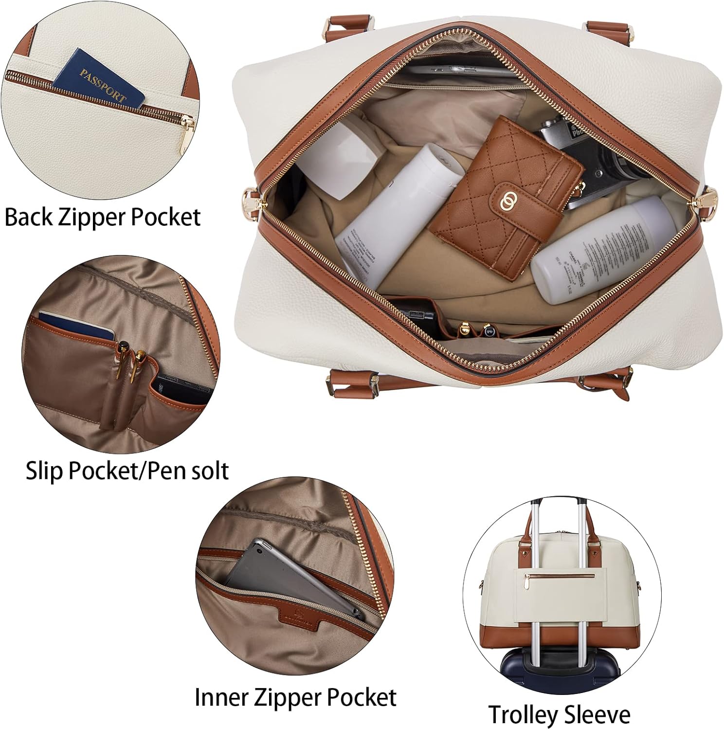 BOSTANTEN Travel Weekender Bags For Women Leather Duffle Bag Womens Overnight Bag Large Duffel Tote with Trolley Sleeve Flight Approved - Image 6